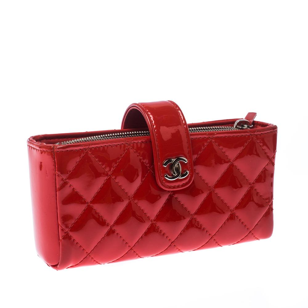 Red Chanel Orange Quilted Patent Leather iPhone Pouch