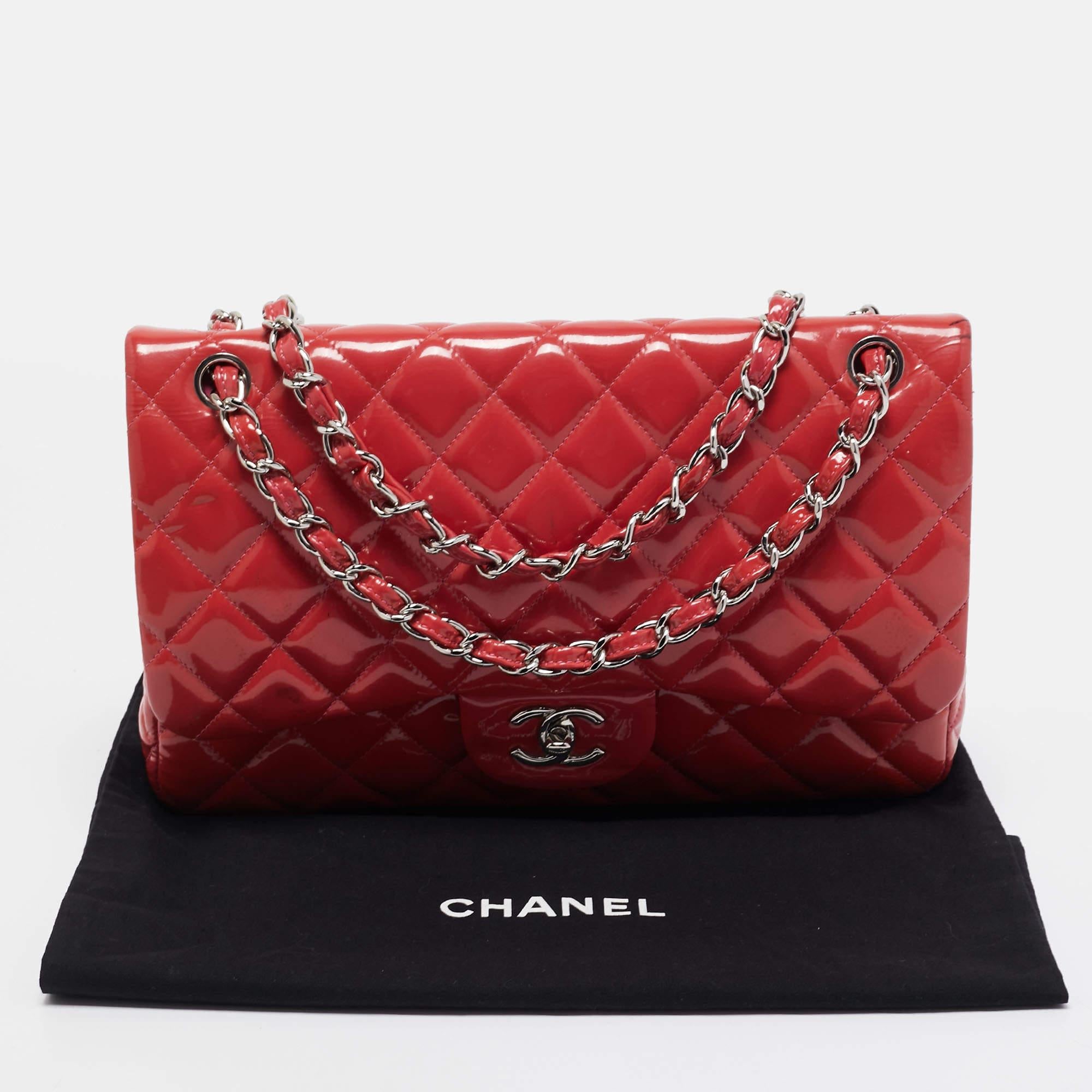 Chanel Orange Quilted Patent Leather Jumbo Classic Double Flap Bag 1