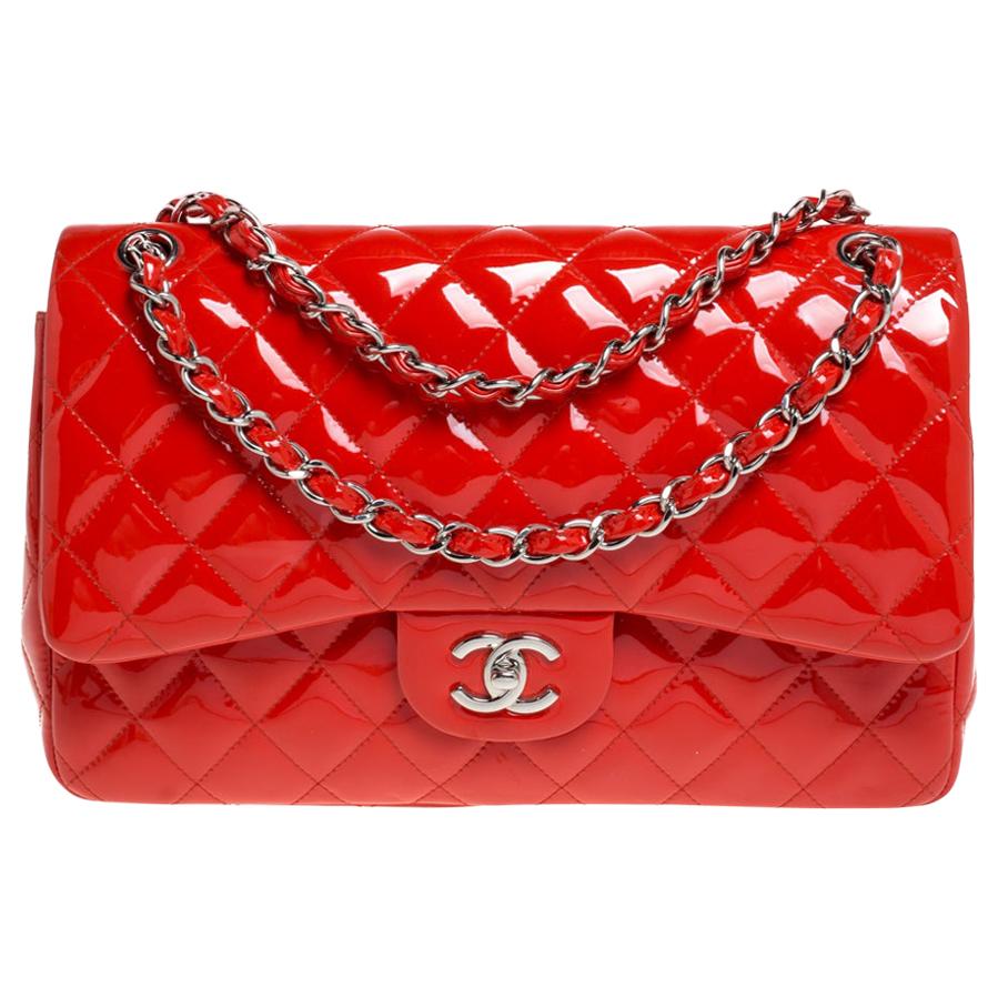 CHANEL Patent Quilted Jumbo Double Flap Orange 1239098