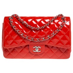 Chanel Orange Quilted Patent Leather Jumbo Classic Double Flap Bag