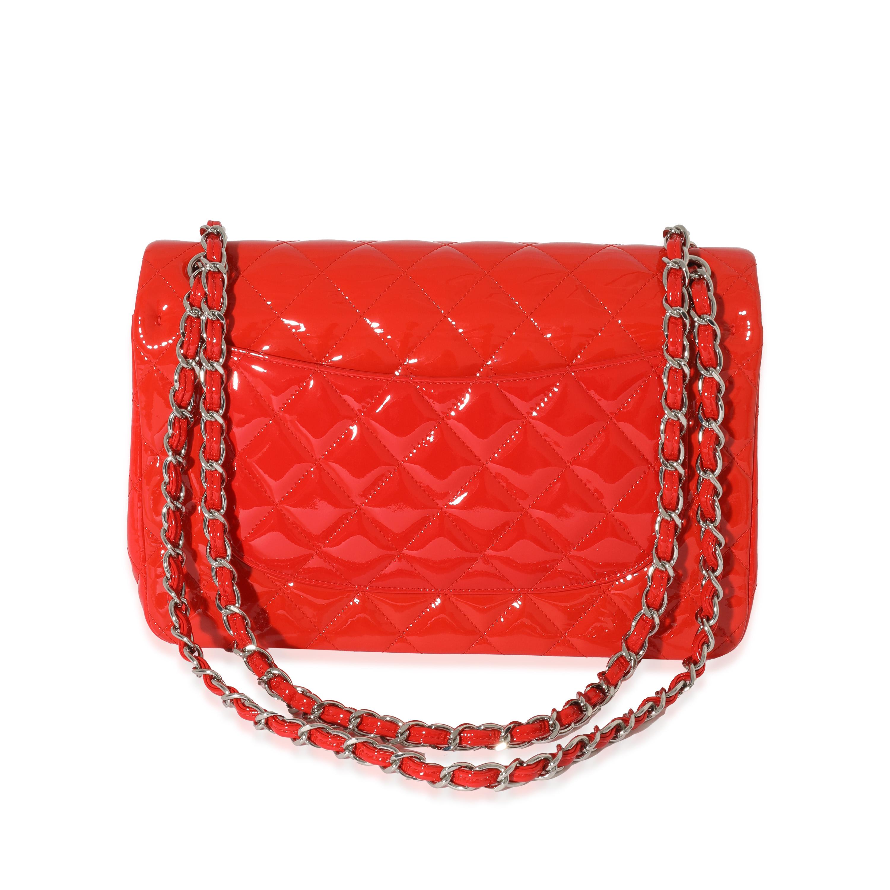 Red Chanel Orange Quilted Patent Leather Jumbo Double Flap Bag For Sale