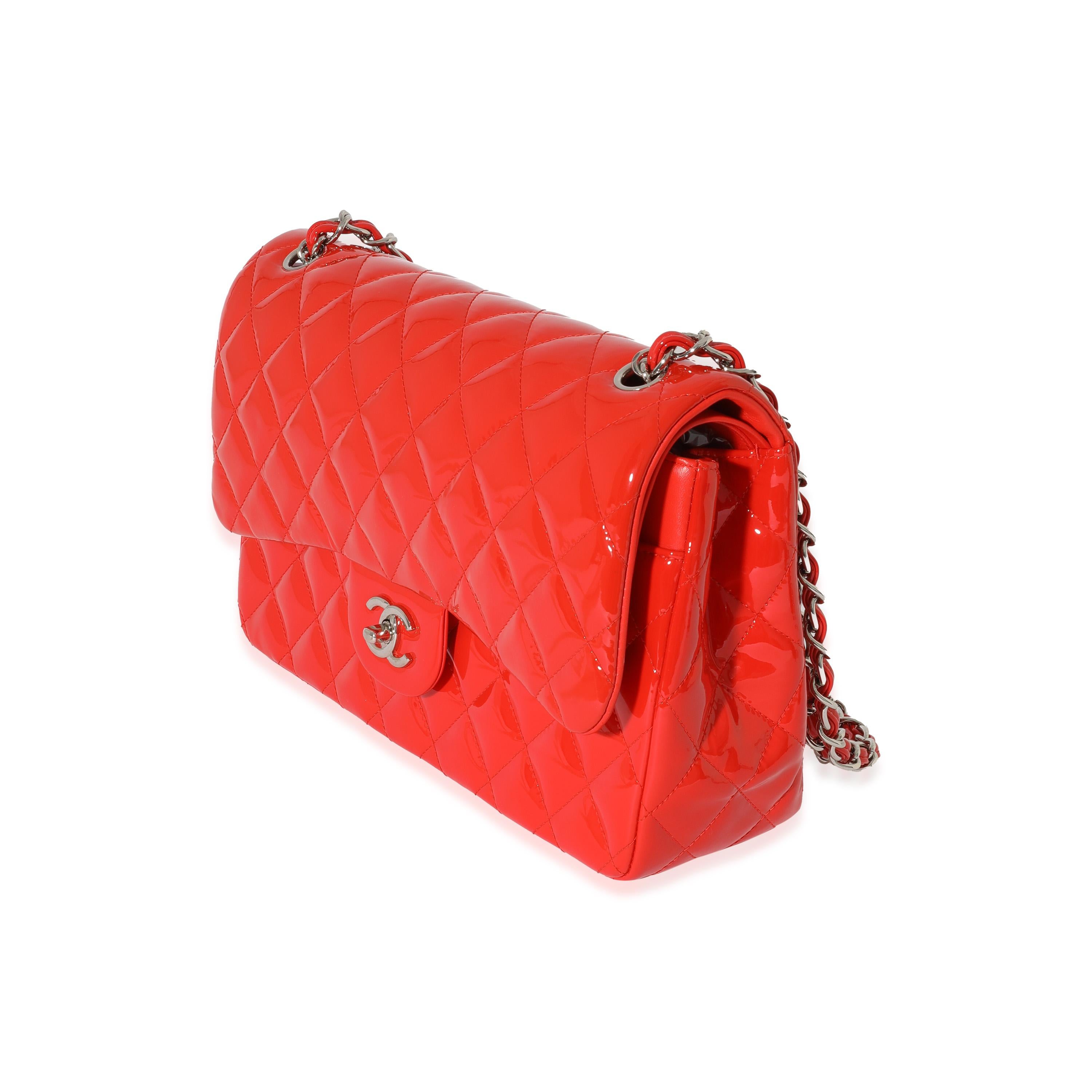 Chanel Orange Quilted Patent Leather Jumbo Double Flap Bag In Excellent Condition For Sale In New York, NY