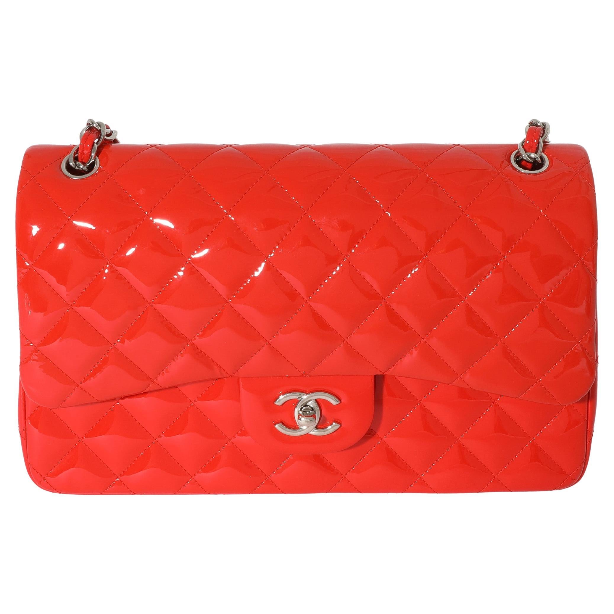 Chanel Orange Quilted Patent Leather Jumbo Double Flap Bag For Sale