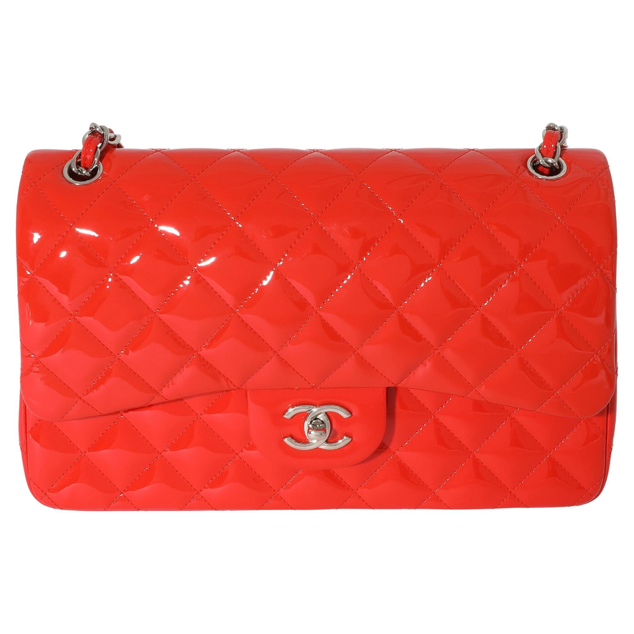 Chanel Medium Classic Double Flap Bag Neon Orange Lambskin Silver Hardware