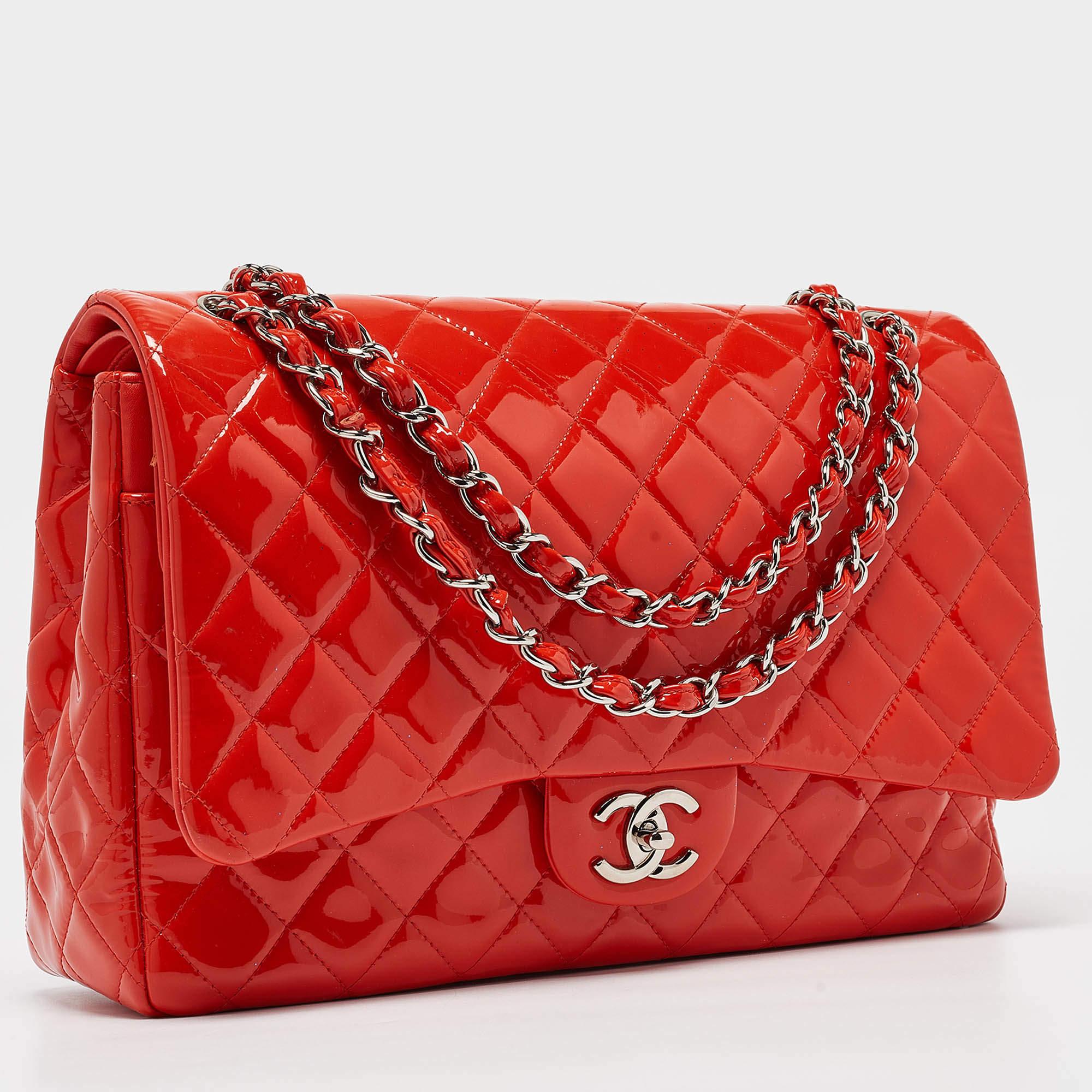 Red Chanel Orange Quilted Patent Leather Maxi Classic Double Flap Bag For Sale