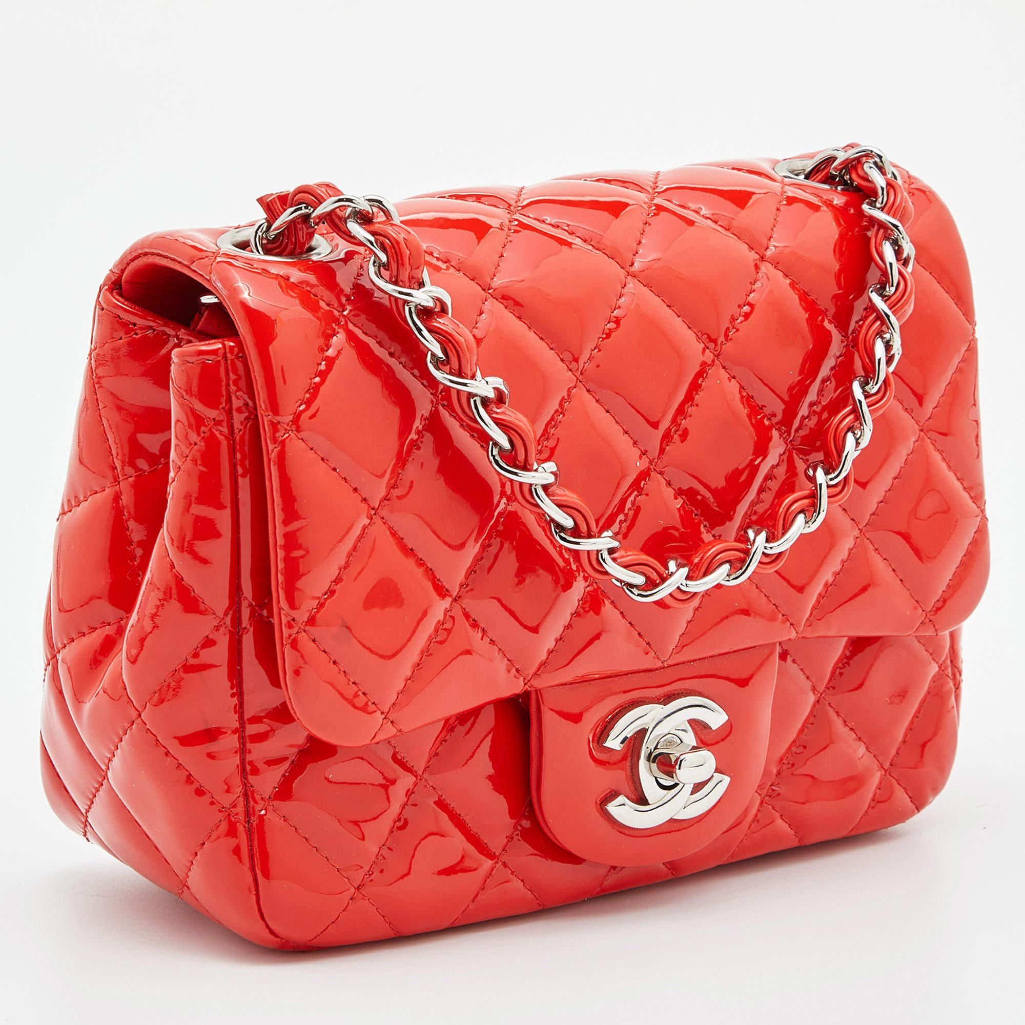 Chanel Orange Quilted Patent Leather Mini Square Classic Flap Bag In Excellent Condition In Dubai, Al Qouz 2