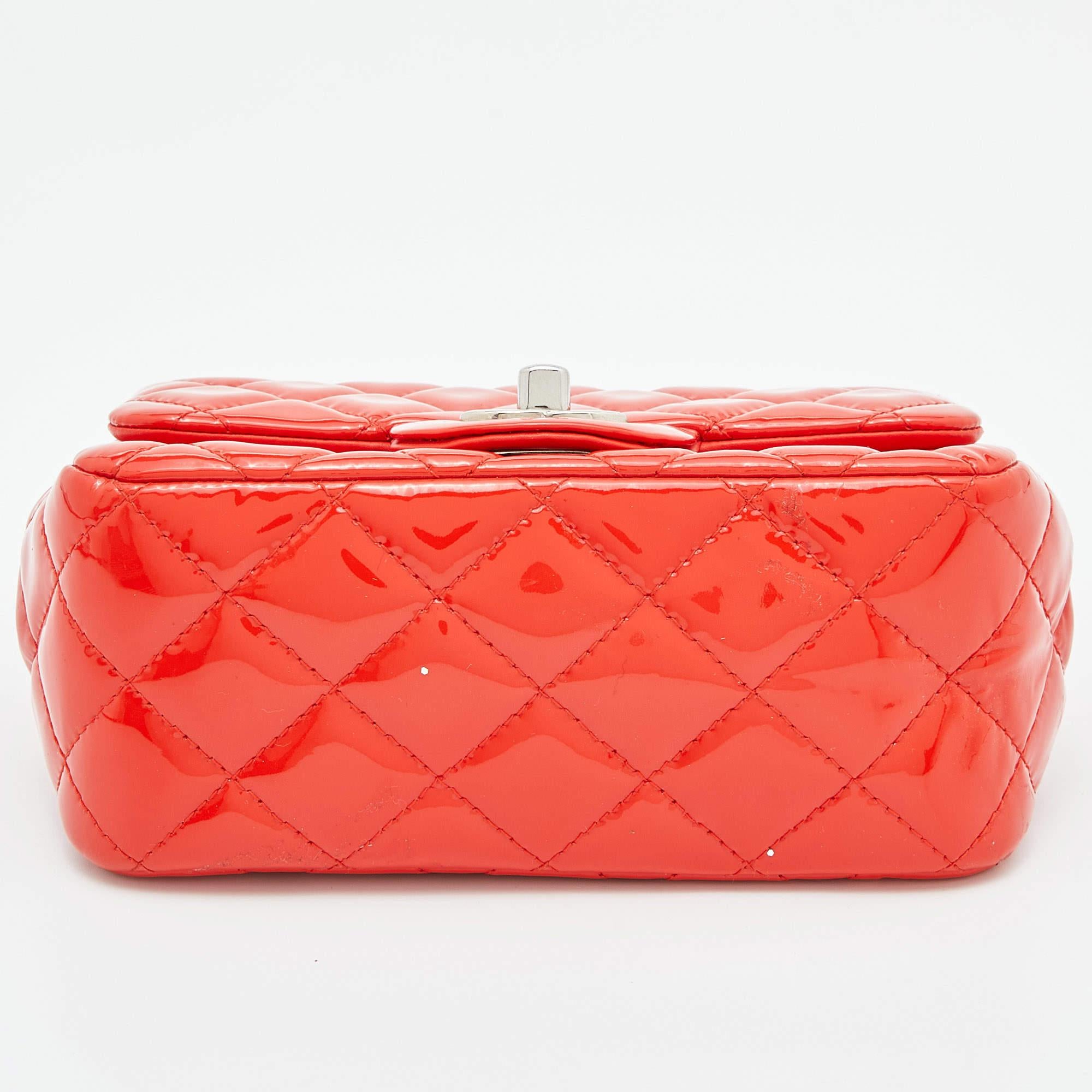 Women's Chanel Orange Quilted Patent Leather Mini Square Classic Flap Bag