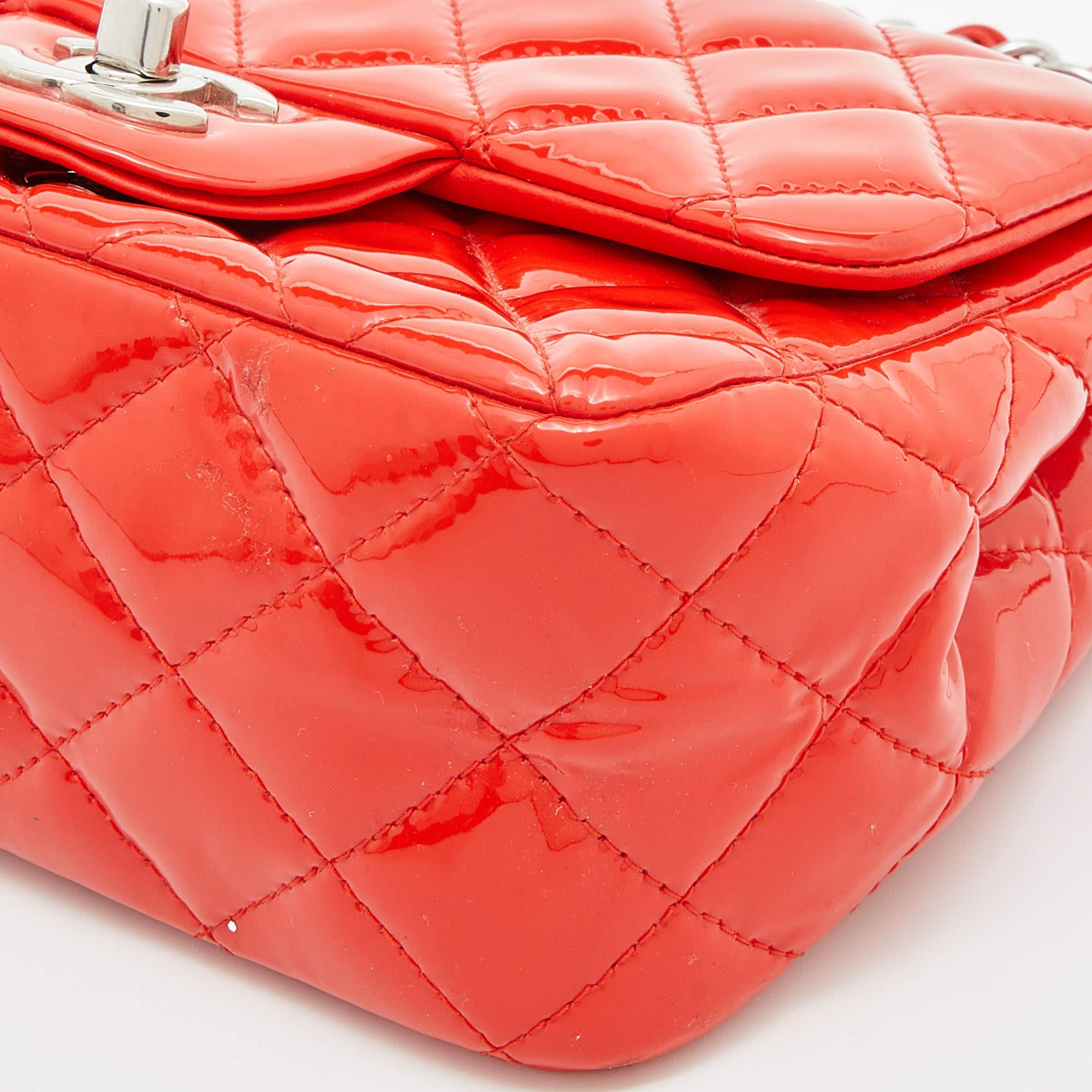 Chanel Orange Quilted Patent Leather Mini Square Classic Flap Bag 3