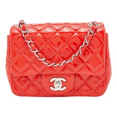 Chanel Orange Quilted Patent Leather Mini Square Classic Flap Bag