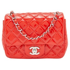 Chanel Orange Quilted Patent Leather Mini Square Classic Flap Bag