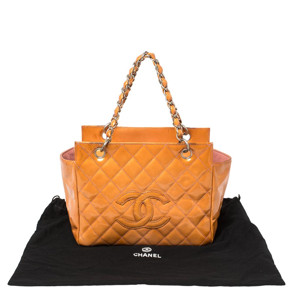 Chanel Orange Quilted Patent Leather Petite Timeless Shopper Tote 1