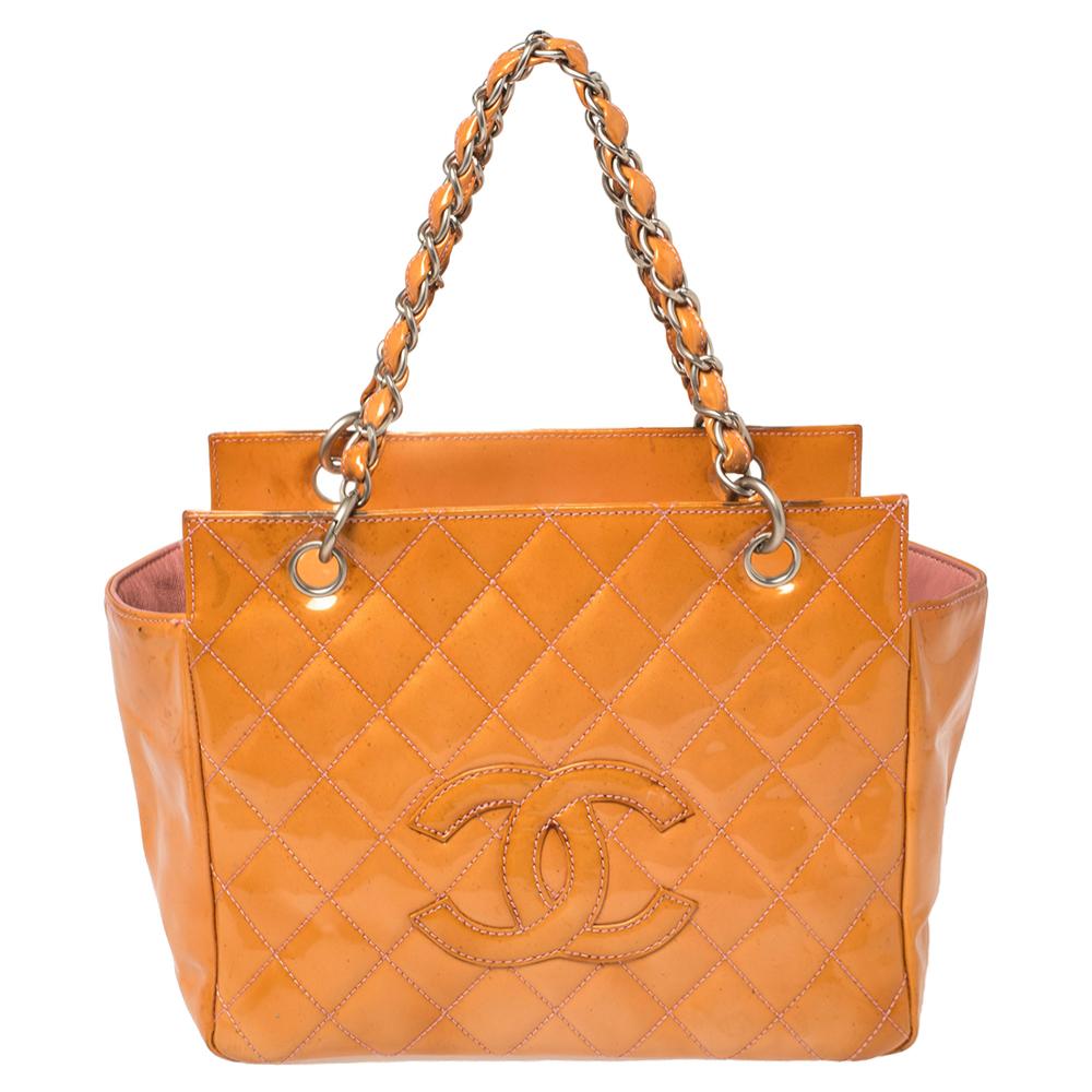 Chanel Orange Quilted Patent Leather Petite Timeless Shopper Tote