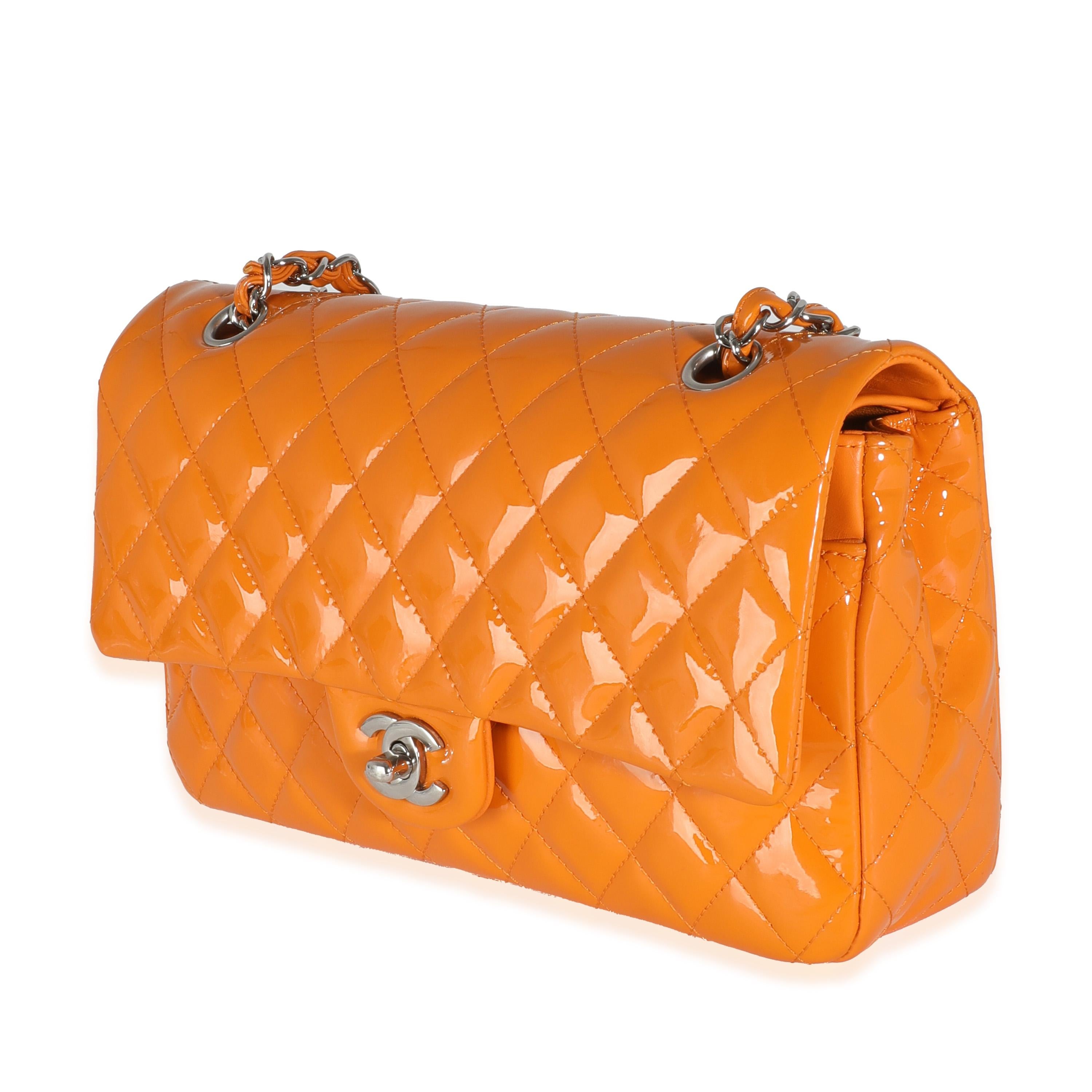 Women's or Men's Chanel Orange Quilted Patent Medium Classic Double Flap Bag For Sale