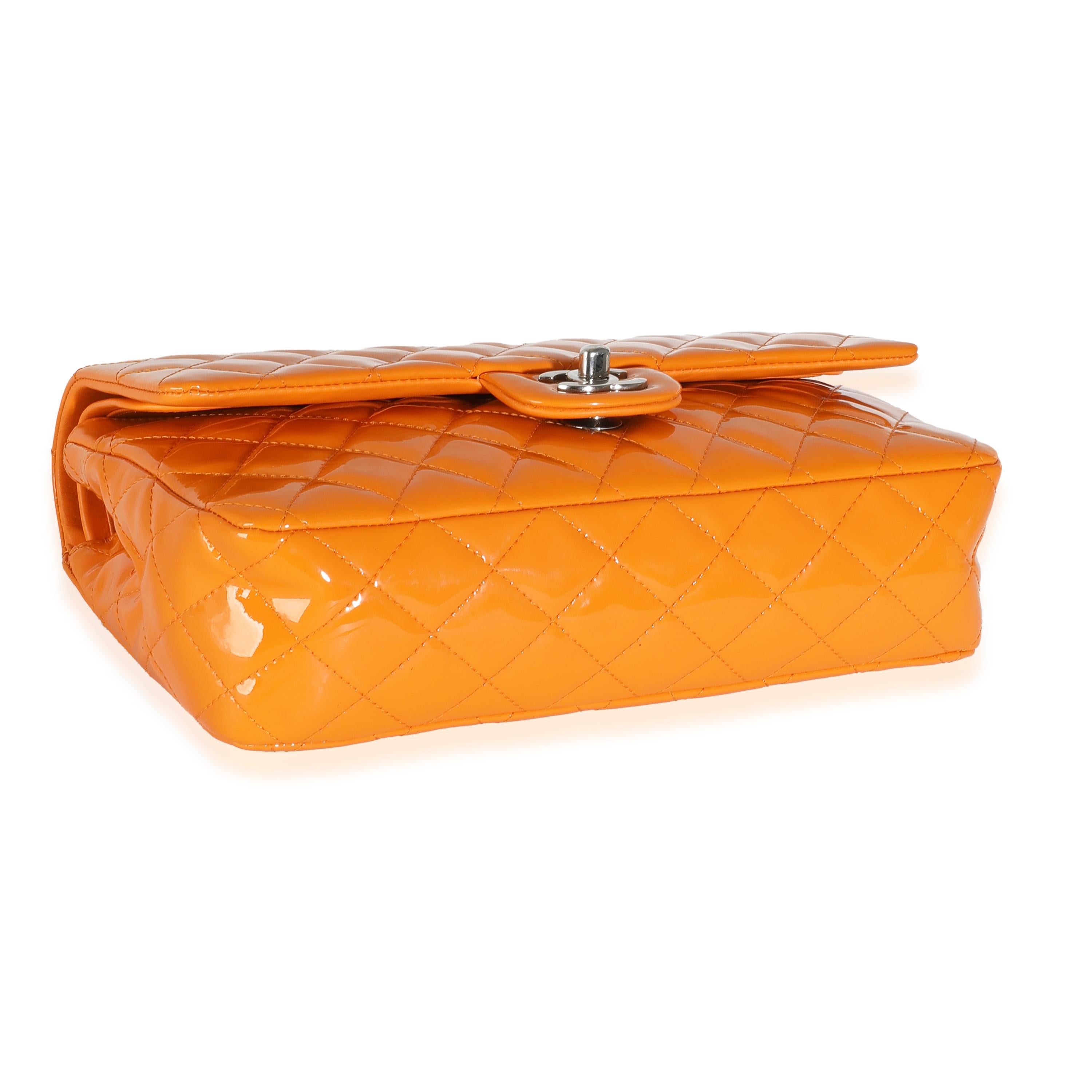 Chanel Orange Quilted Patent Medium Classic Double Flap Bag For Sale 3