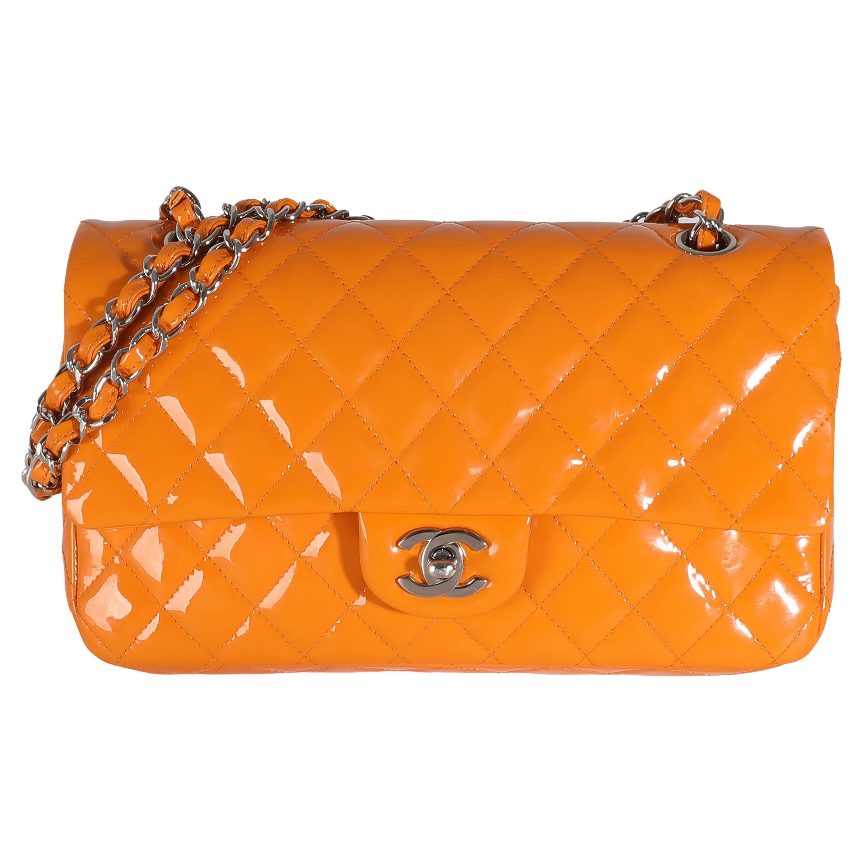 Chanel Orange Quilted Patent Medium Classic Double Flap Bag For Sale