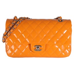 Chanel Arancione Brevetto Trapuntato Media Borsa Classica Doppia Patta