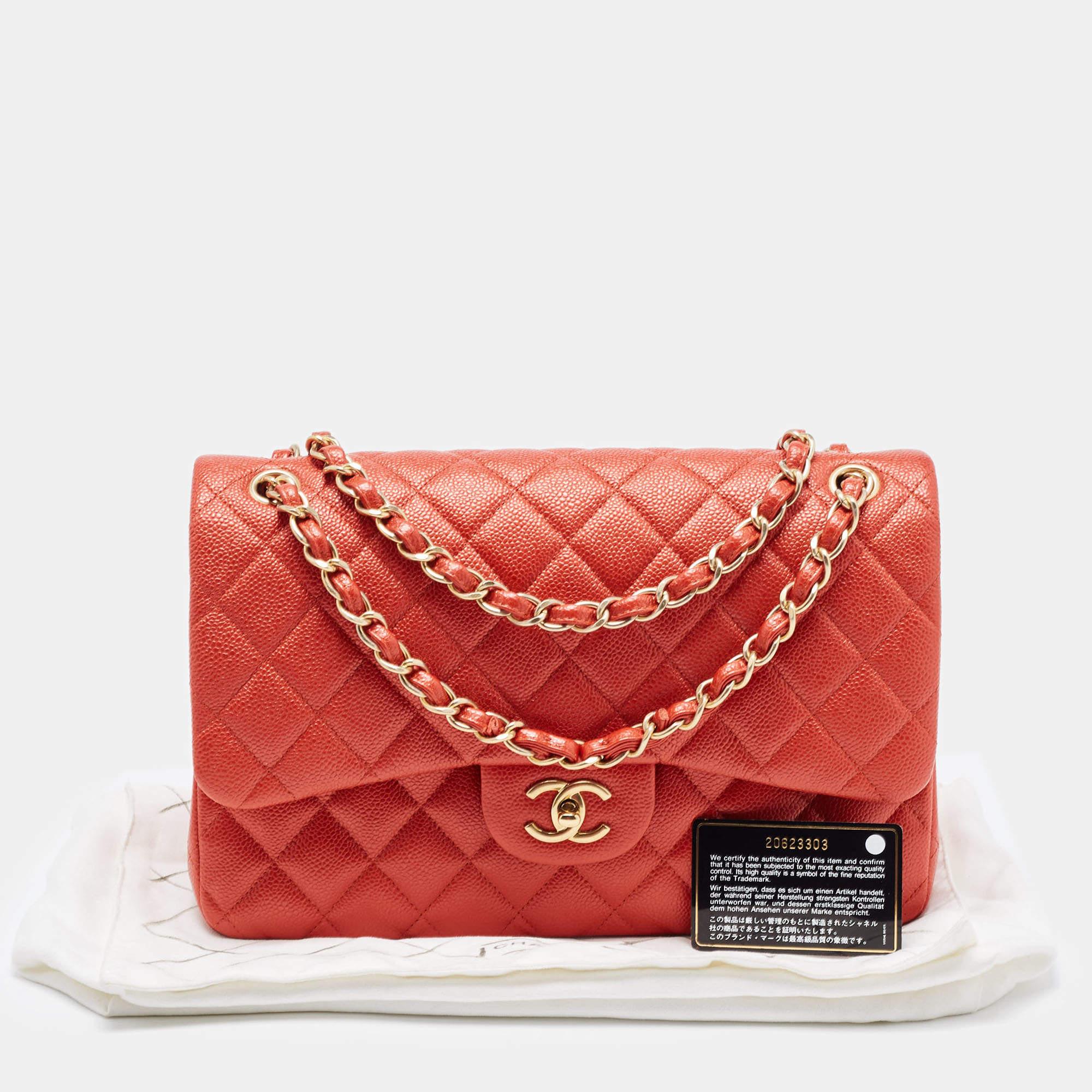 Chanel Orange Quilted Pearly Caviar Leather Jumbo Classic Double Flap Bag 15