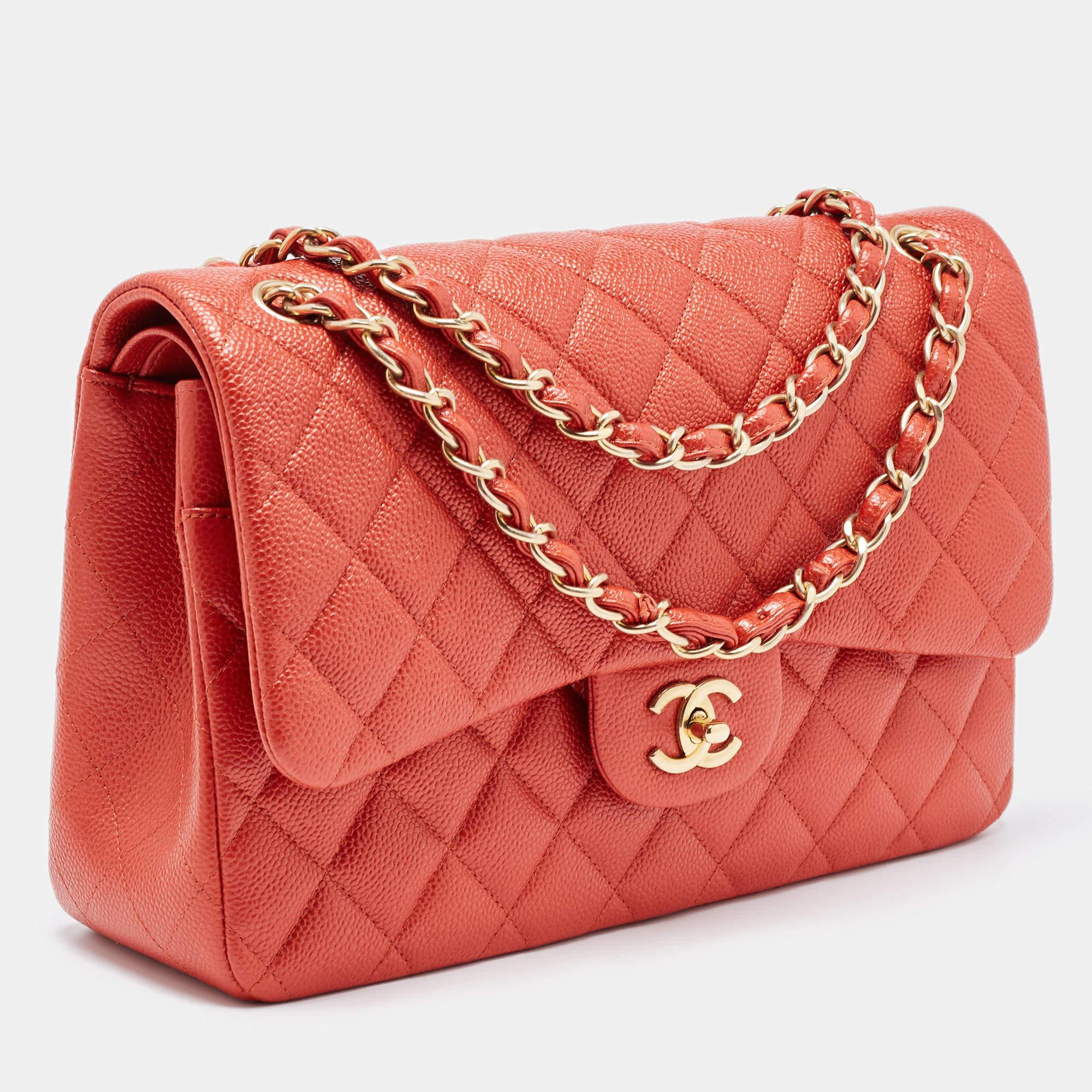 Chanel Orange Quilted Pearly Caviar Leather Jumbo Classic Double Flap Bag In Good Condition In Dubai, Al Qouz 2