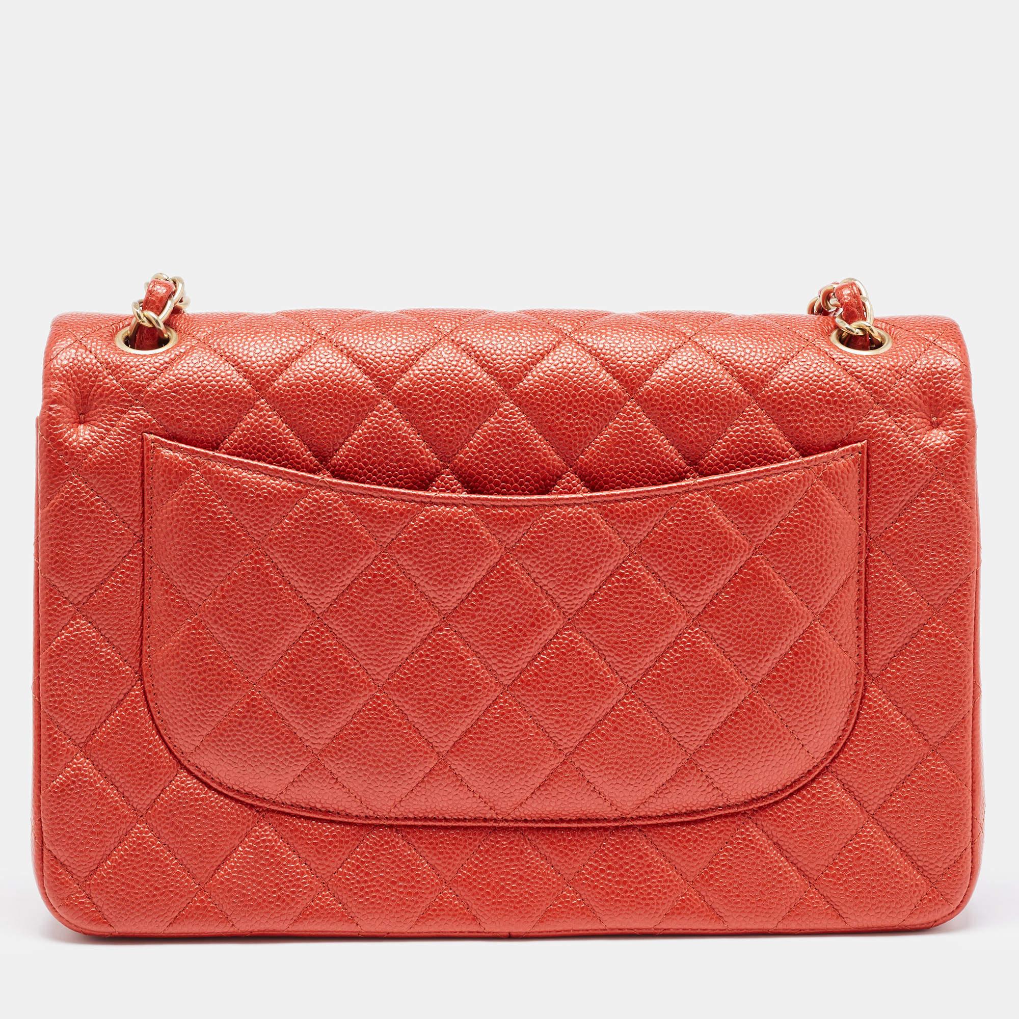 Women's Chanel Orange Quilted Pearly Caviar Leather Jumbo Classic Double Flap Bag