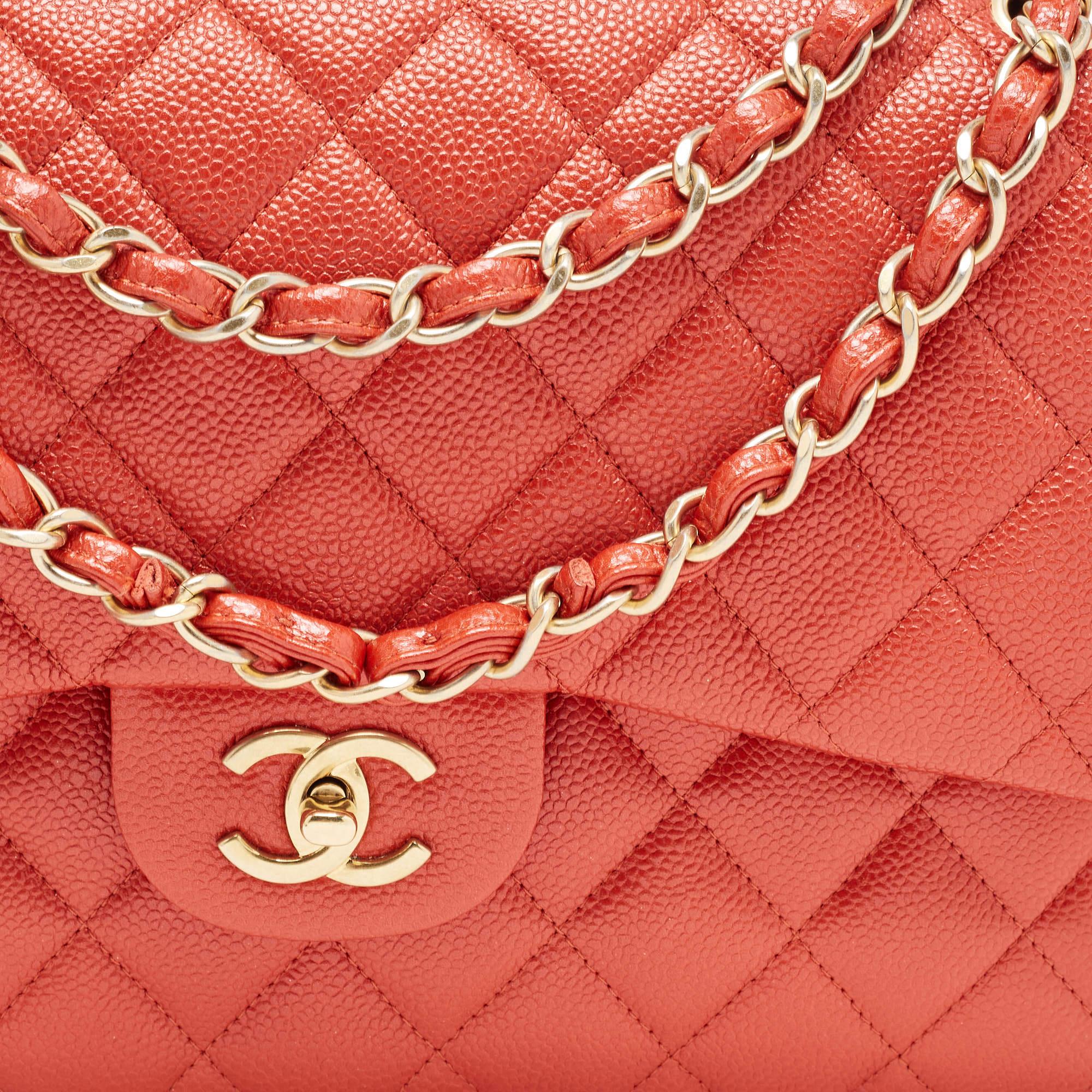 Chanel Orange Quilted Pearly Caviar Leather Jumbo Classic Double Flap Bag 1