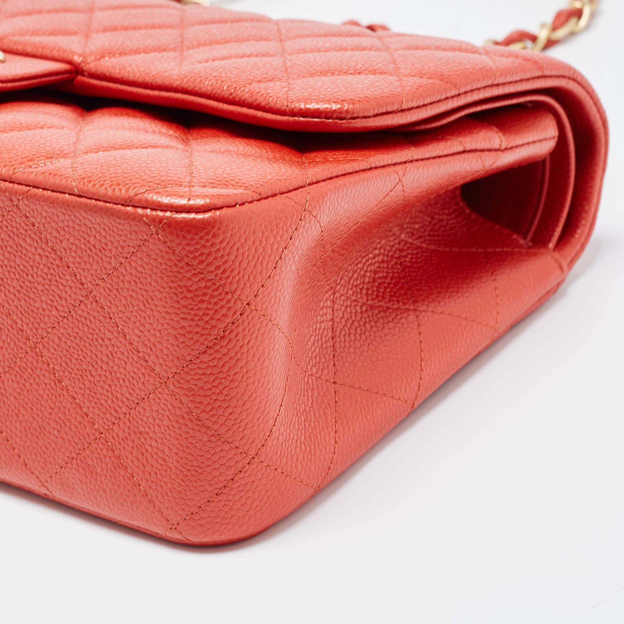 Chanel Orange Quilted Pearly Caviar Leather Jumbo Classic Double Flap Bag 5