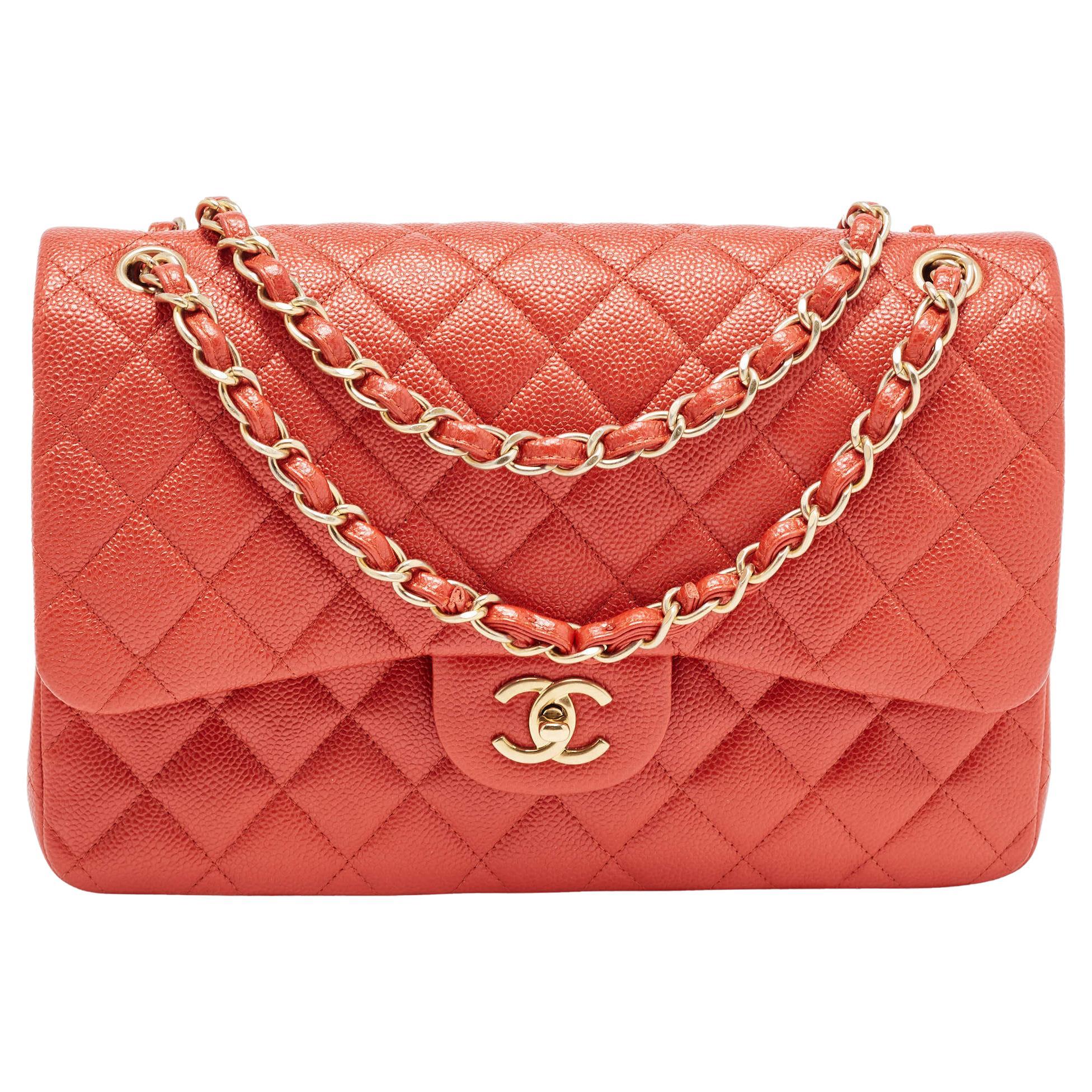 Chanel Orange Quilted Pearly Caviar Leather Jumbo Classic Double Flap Bag