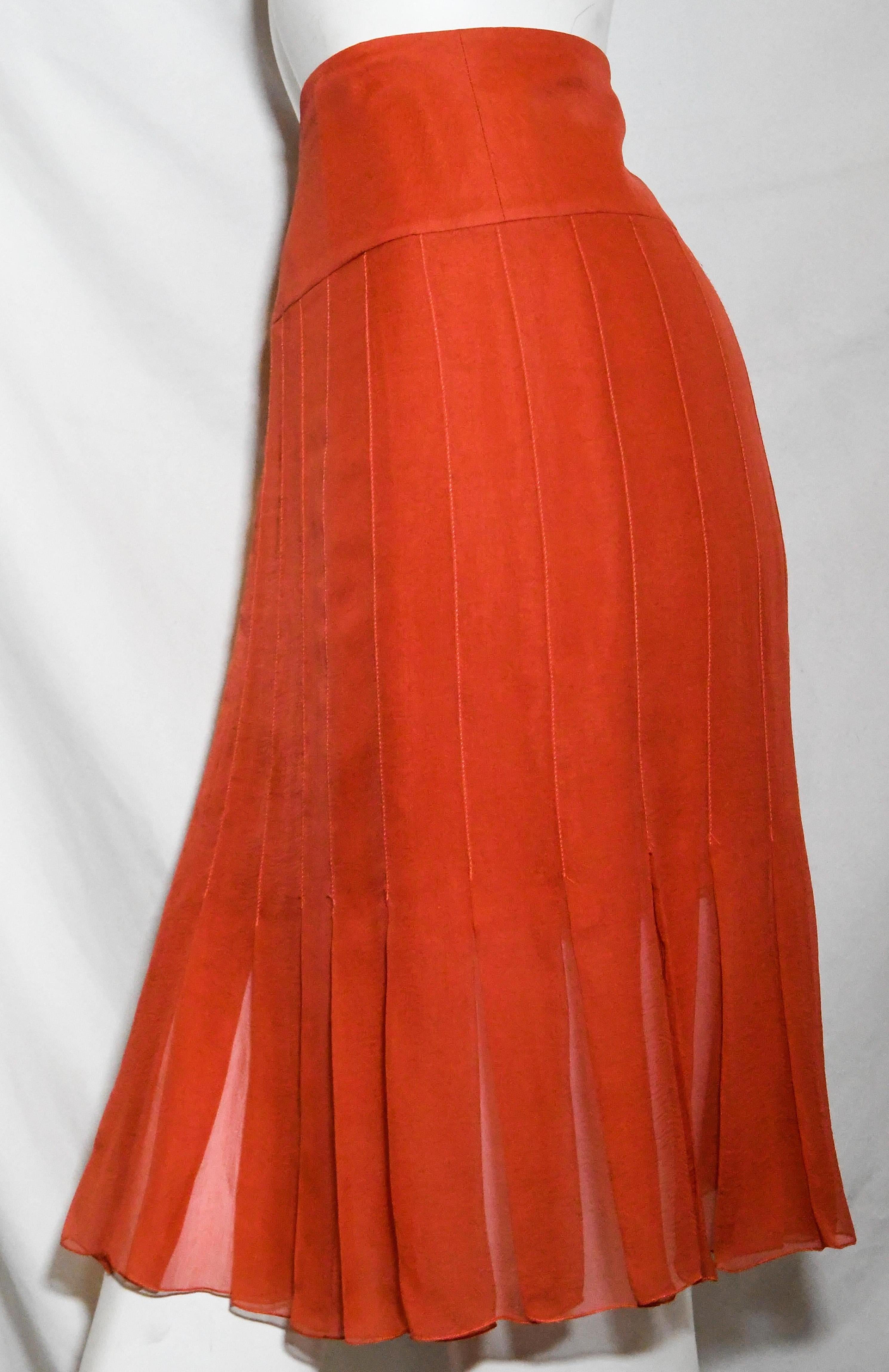 Red Chanel Orange Silk Crepe Sheer Pleated Skirt From The 2004 Spring Collection For Sale