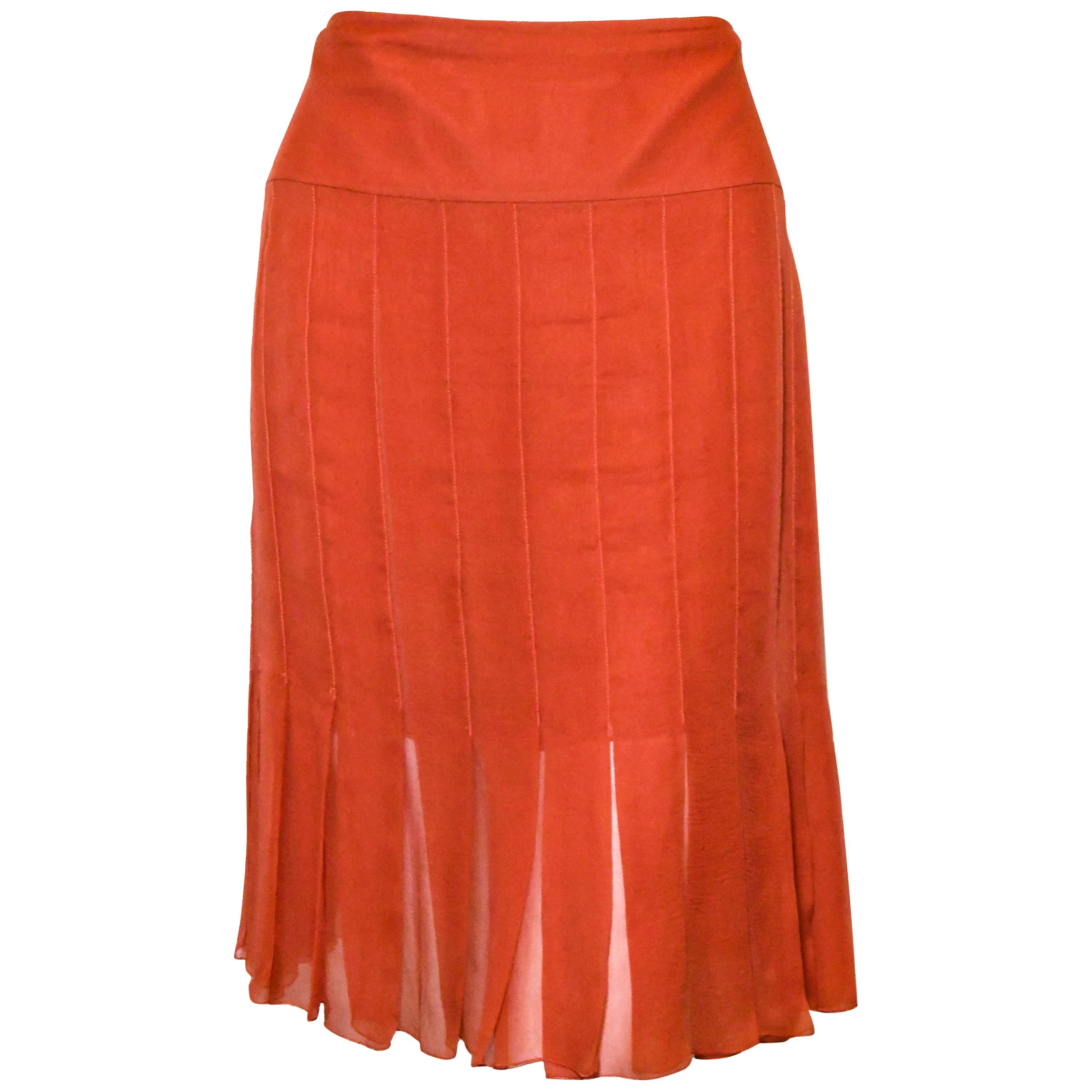 Chanel Orange Silk Crepe Sheer Pleated Skirt From The 2004 Spring Collection For Sale