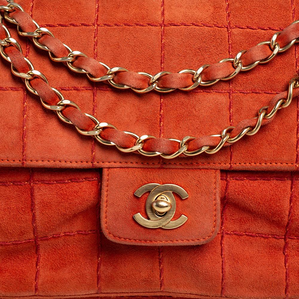 Chanel Orange Stitch Square Quilted Suede Single Flap Bag In Fair Condition In Dubai, Al Qouz 2