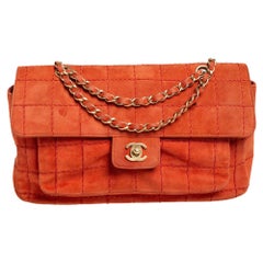 Chanel Orange Stitch Square Quilted Suede Single Flap Bag