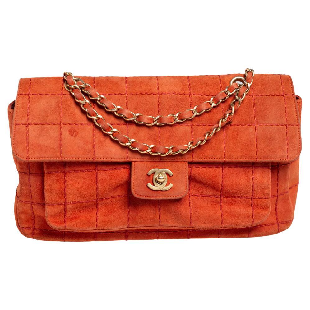 Chanel Orange Stitch Square Quilted Suede Single Flap Bag at