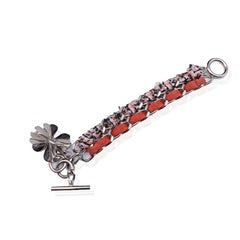 Chanel Orange Suede And Pink Tweed Chain Clover Charm Bracelet