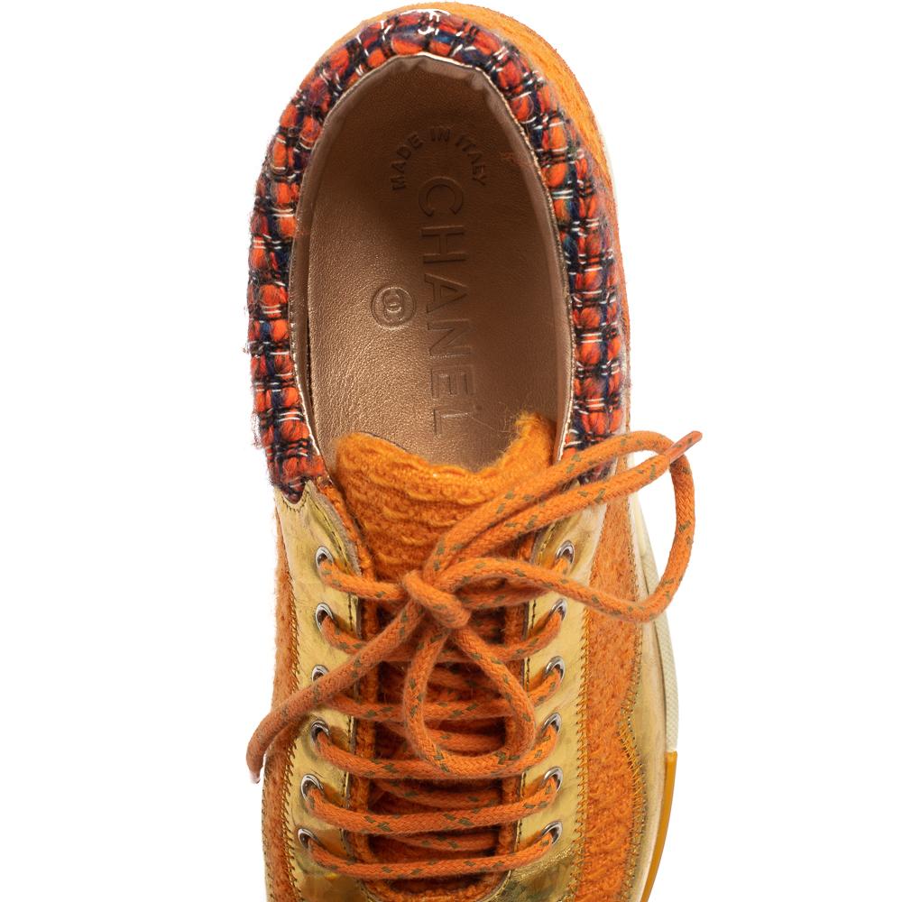 Women's Chanel Orange Tweed And Suede CC Low Top Sneakers Size 36.5