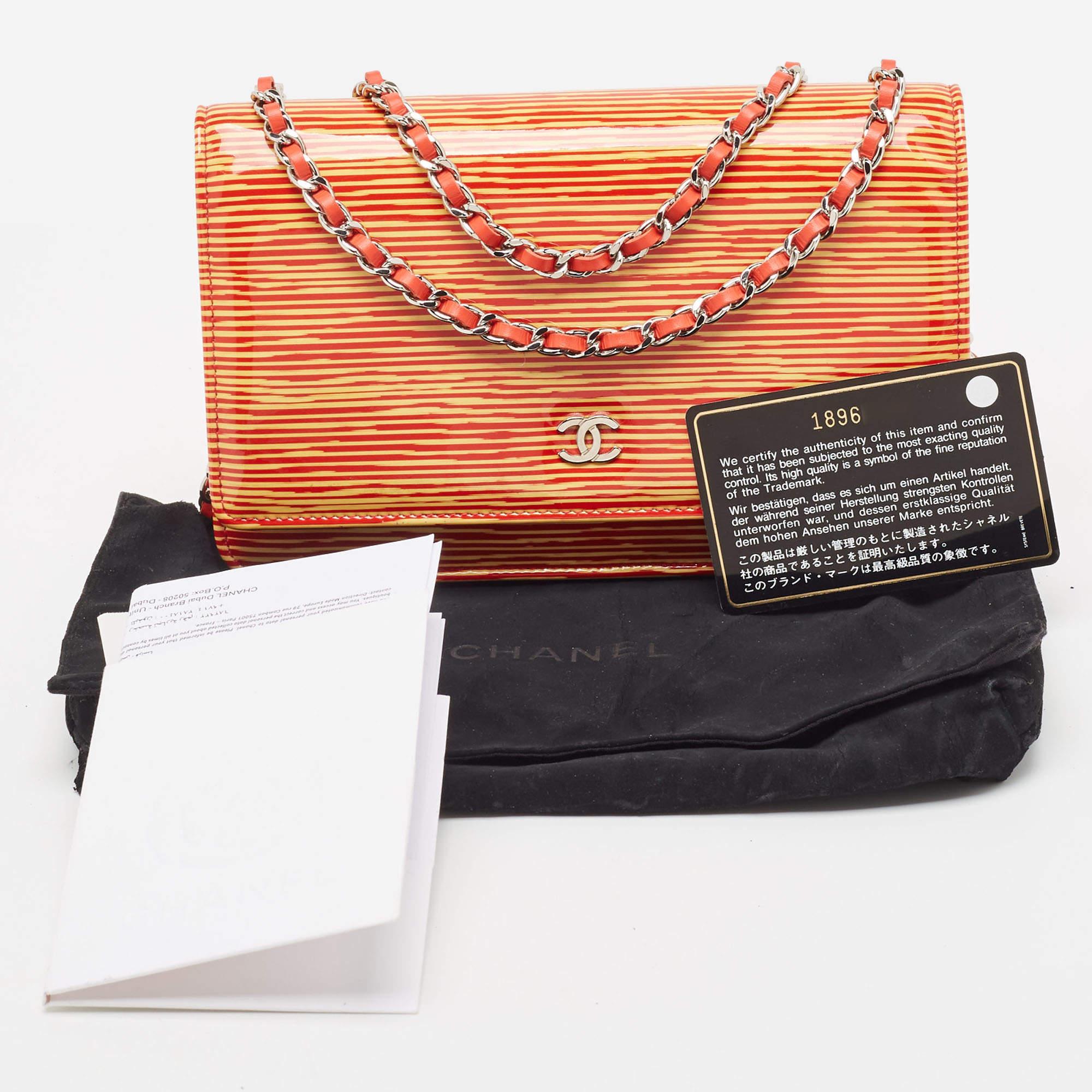 Chanel Orange/Yellow Stripe Patent and Leather CC Wallet On Chain 11