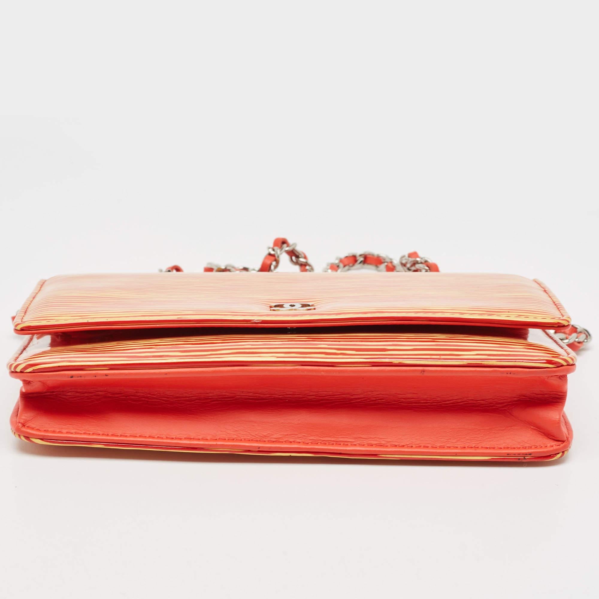 Chanel Orange/Yellow Stripe Patent and Leather CC Wallet On Chain 1