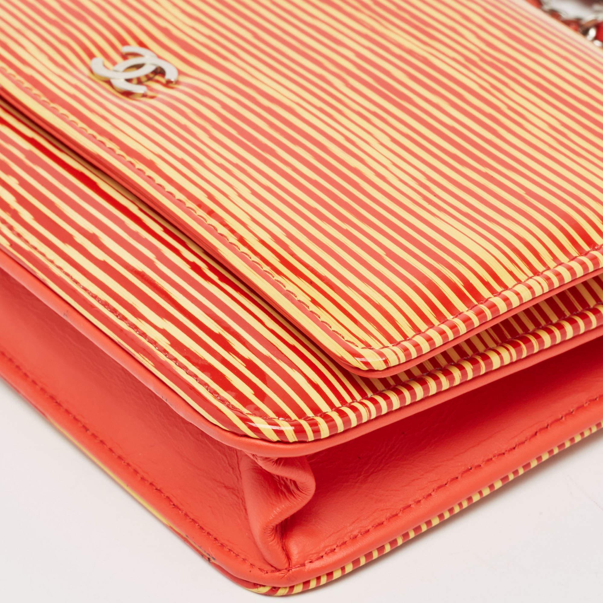 Chanel Orange/Yellow Stripe Patent and Leather CC Wallet On Chain 3