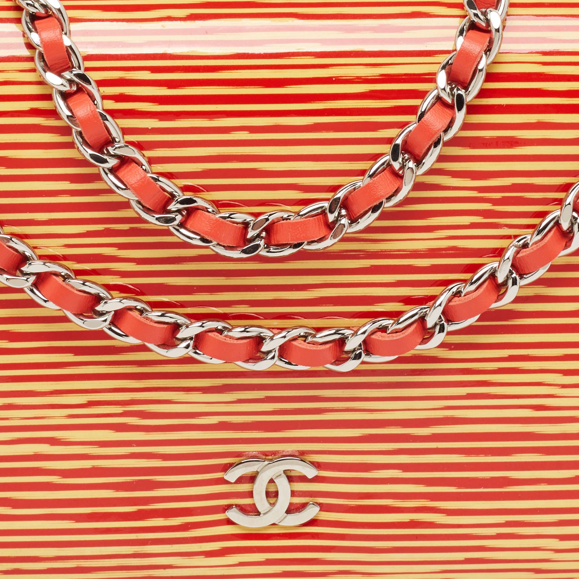 Chanel Orange/Yellow Stripe Patent and Leather CC Wallet On Chain For Sale 4