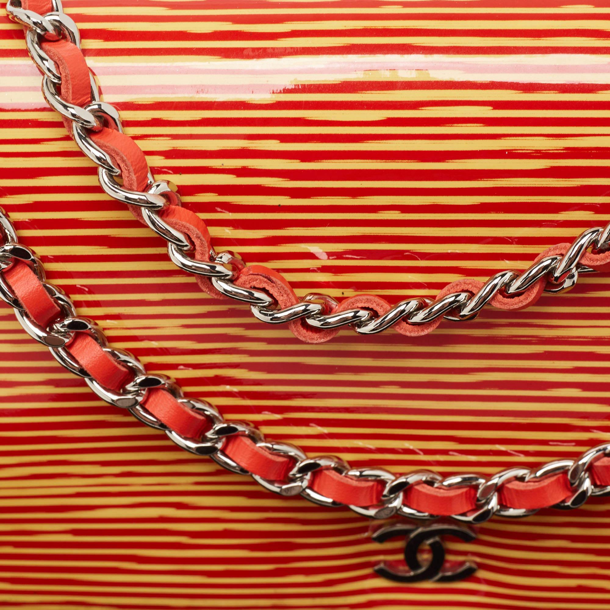 Chanel Orange/Yellow Stripe Patent and Leather CC Wallet On Chain For Sale 5