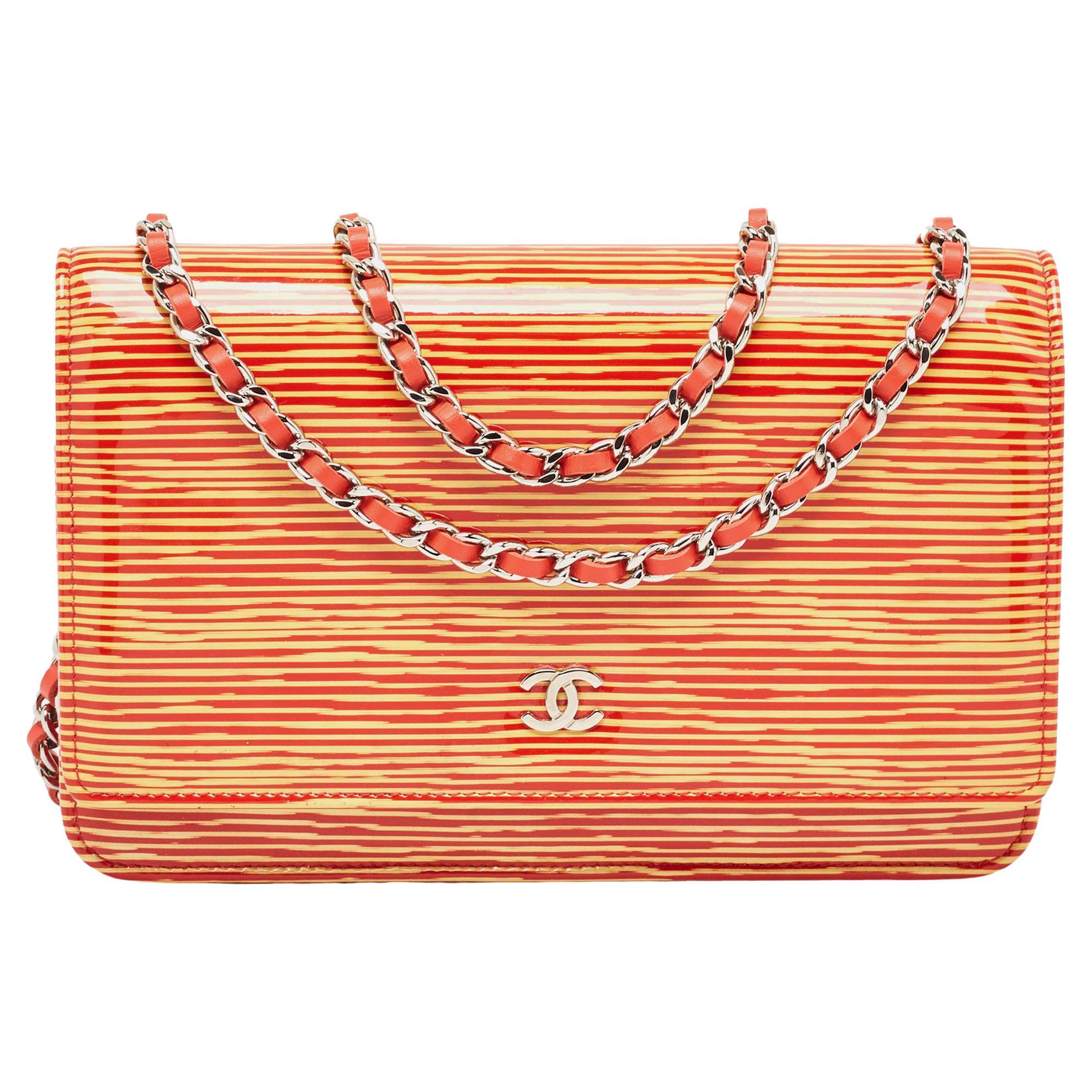 Chanel Orange/Yellow Stripe Patent and Leather CC Wallet On Chain For Sale