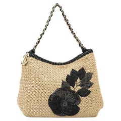 Used Chanel 2009 Organic Raffia Camelia Limited Edition Tote Beige Rope Shoulder Bag