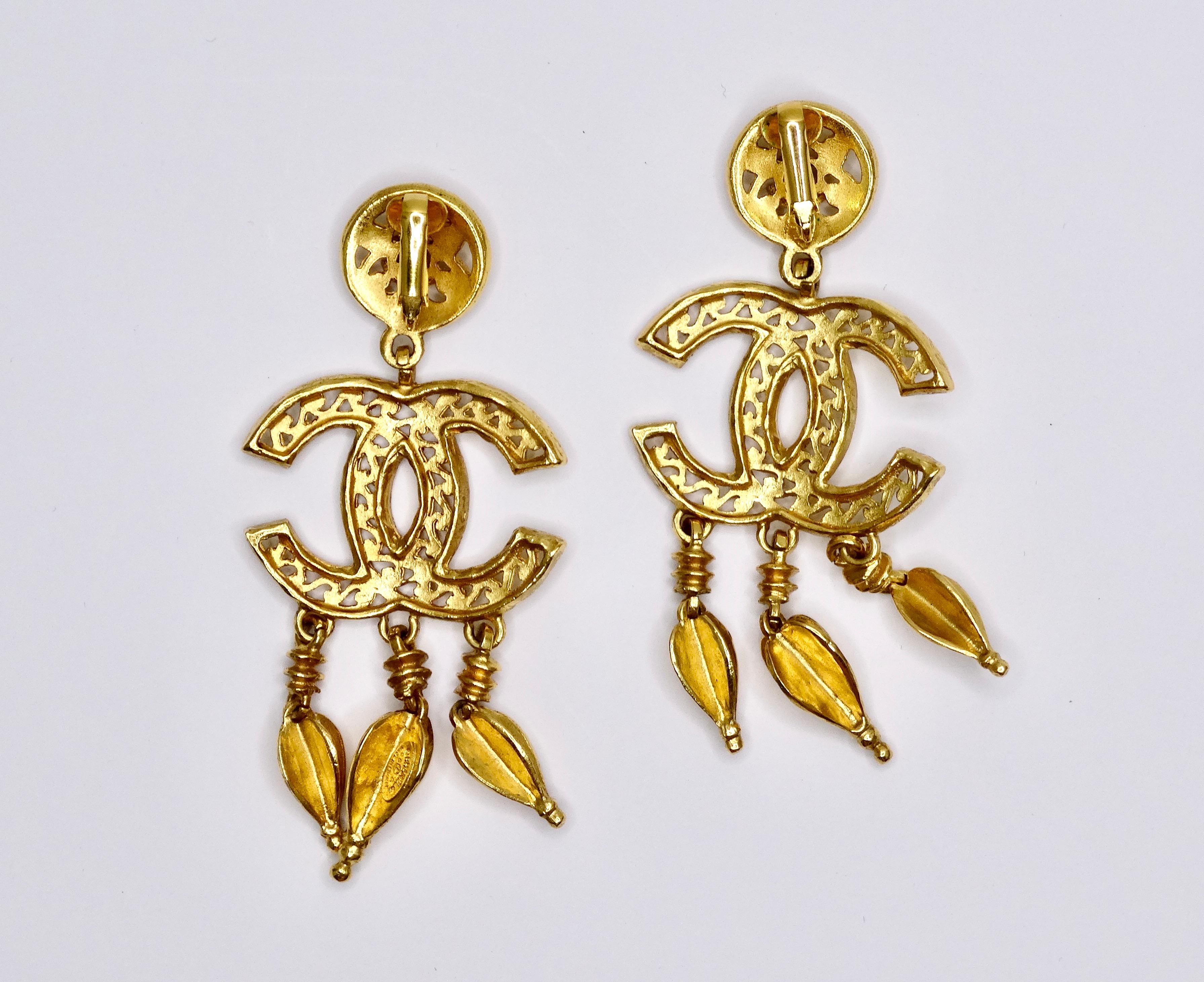 Chanel Ornate Dangle Earrings For Sale 1