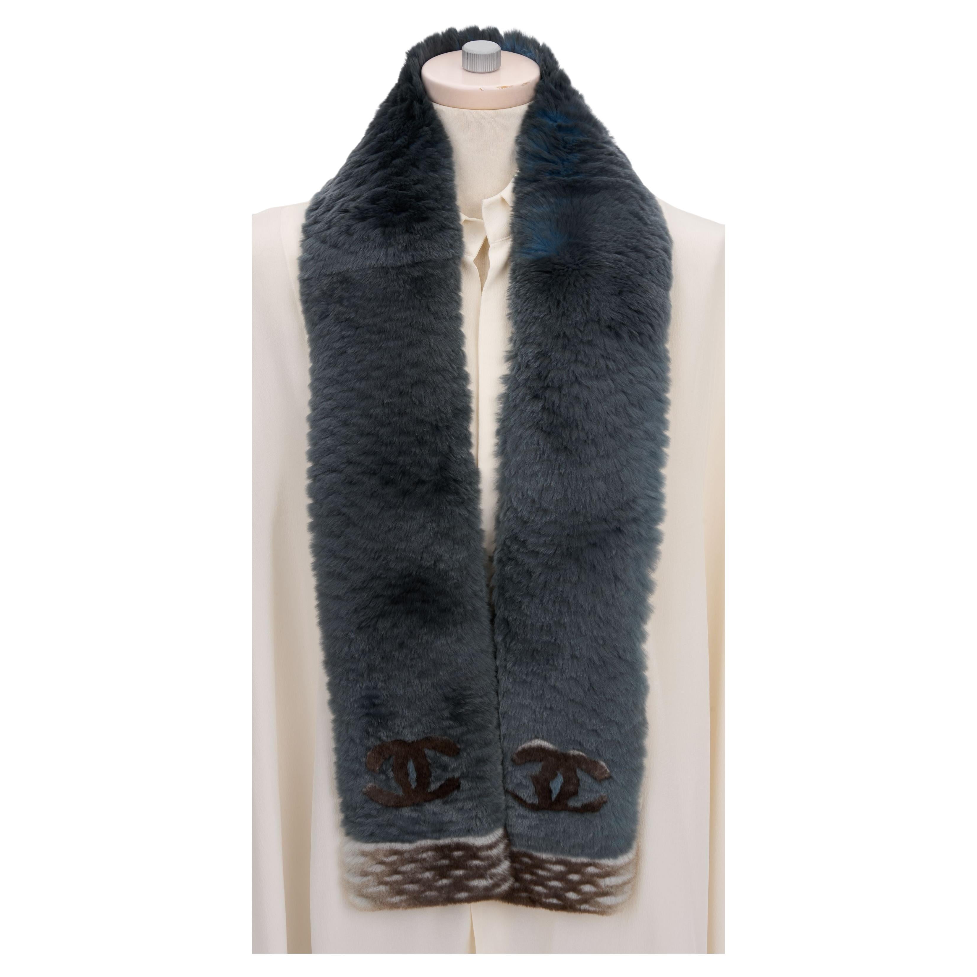 Chanel Orylag Fur Two-Tone Logo Scarf NEW