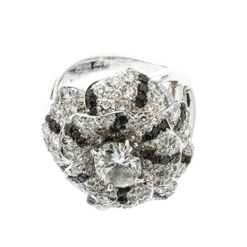 Women's Chanel Oval Solitaire Diamond 18k White Gold and Black Diamond Cocktail Ring 51