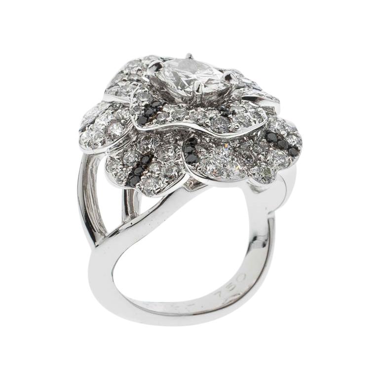 Chanel Oval Solitaire Diamond 18k White Gold and Black Diamond Cocktail Ring 51