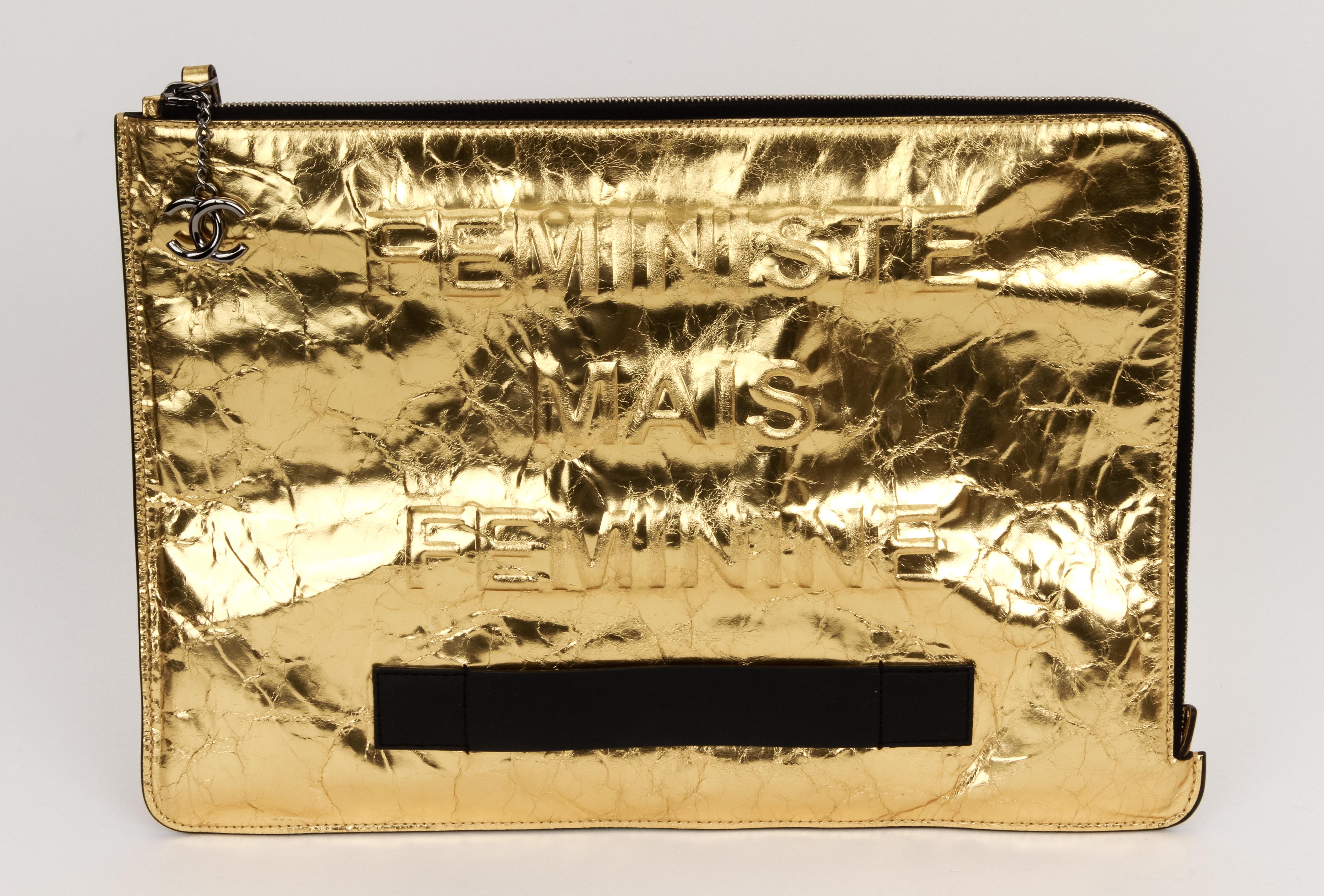 Black Chanel Oversize Gold Leather Clutch For Sale