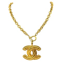 Chanel Oversized Gold Quilted Maltese CC Chain Pendant Necklace