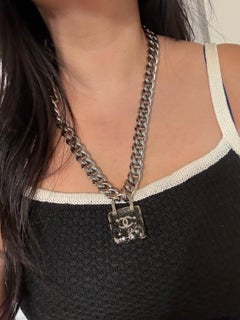 CHANEL Oversized Silver Chain CC Padlock Necklace