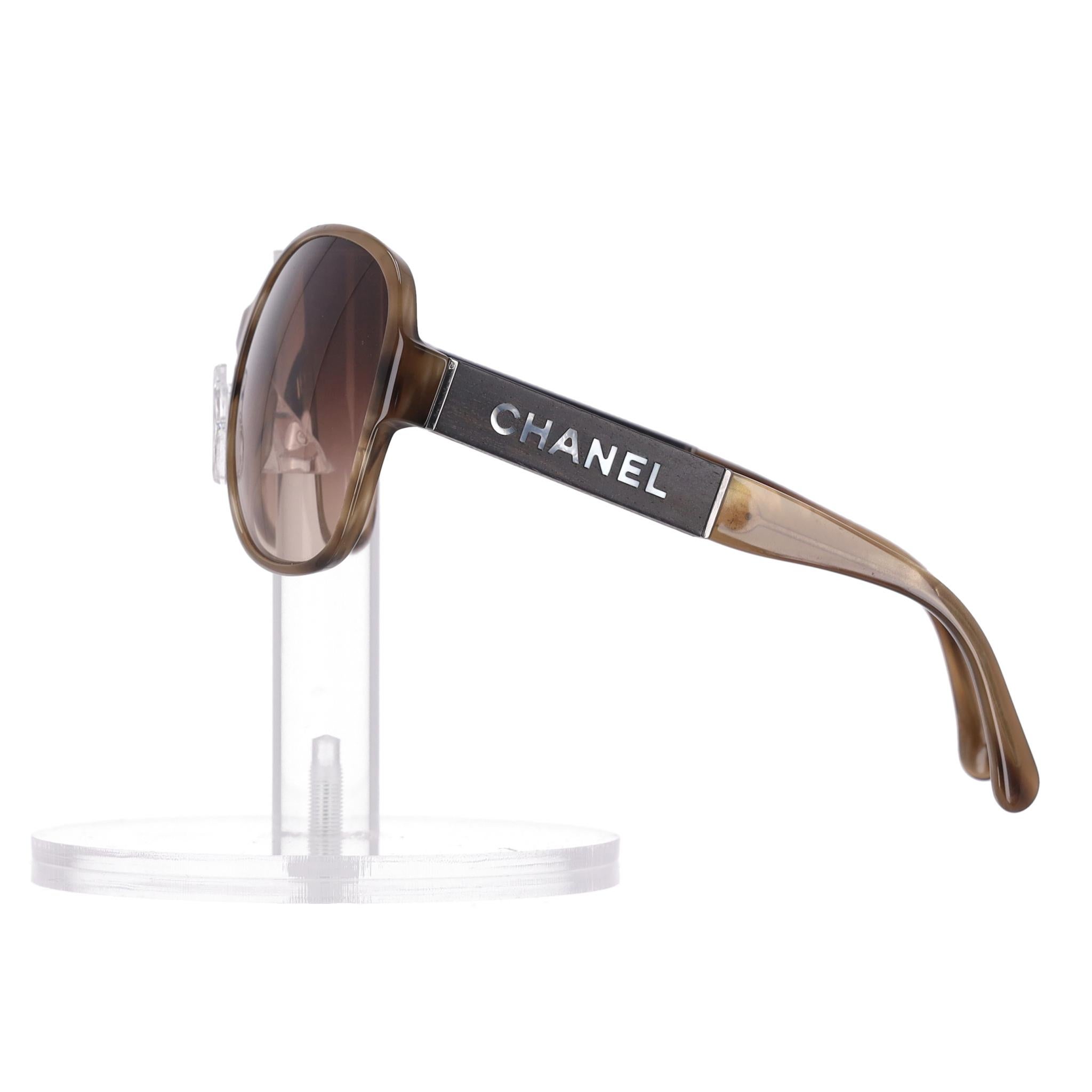 Brown Chanel Oversized Tortoise Sunglasses With Wooden Logo Temples For Sale