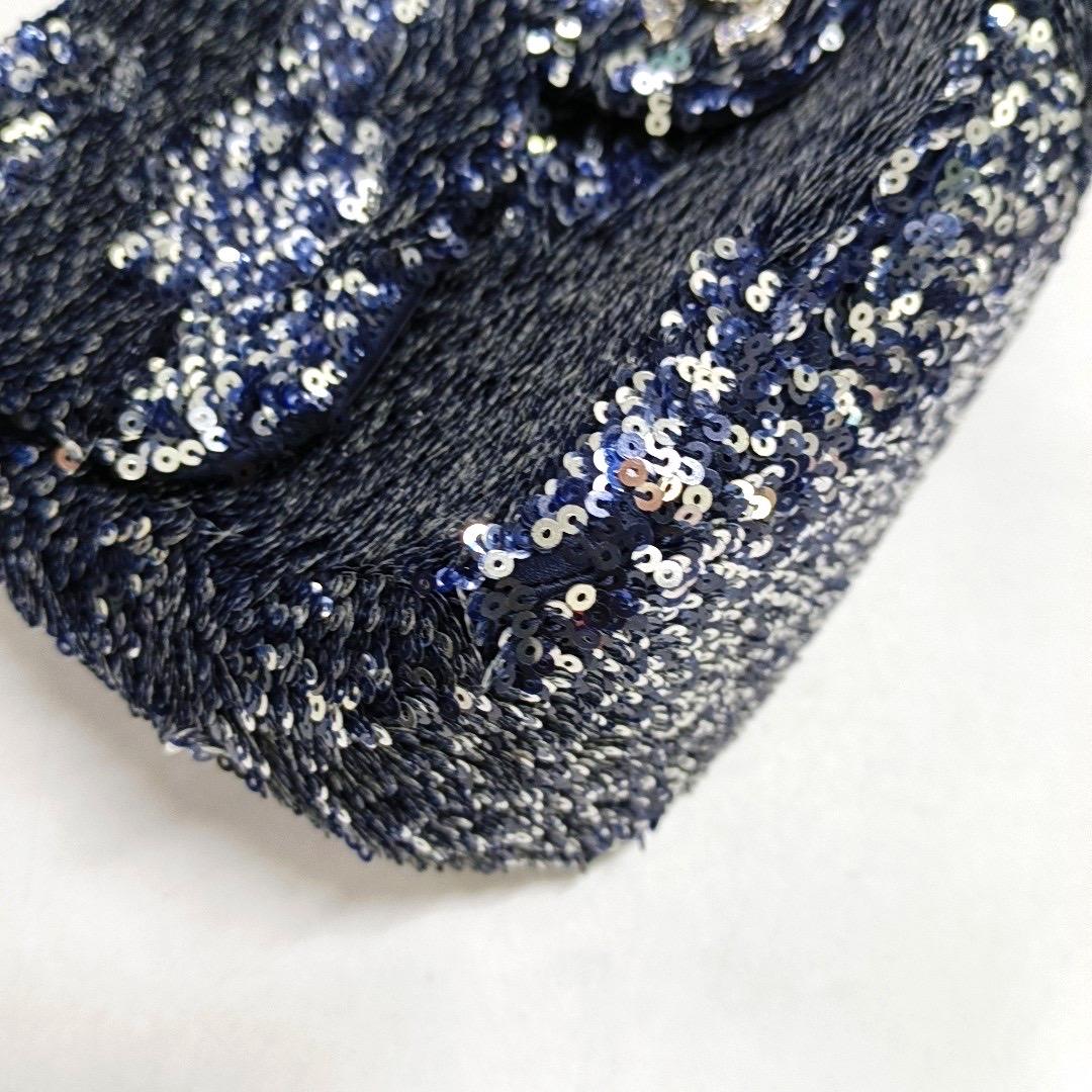 Chanel Paillette Flap Bag Rectangular Mini Glitter Sequins Navy and Silver For Sale 5