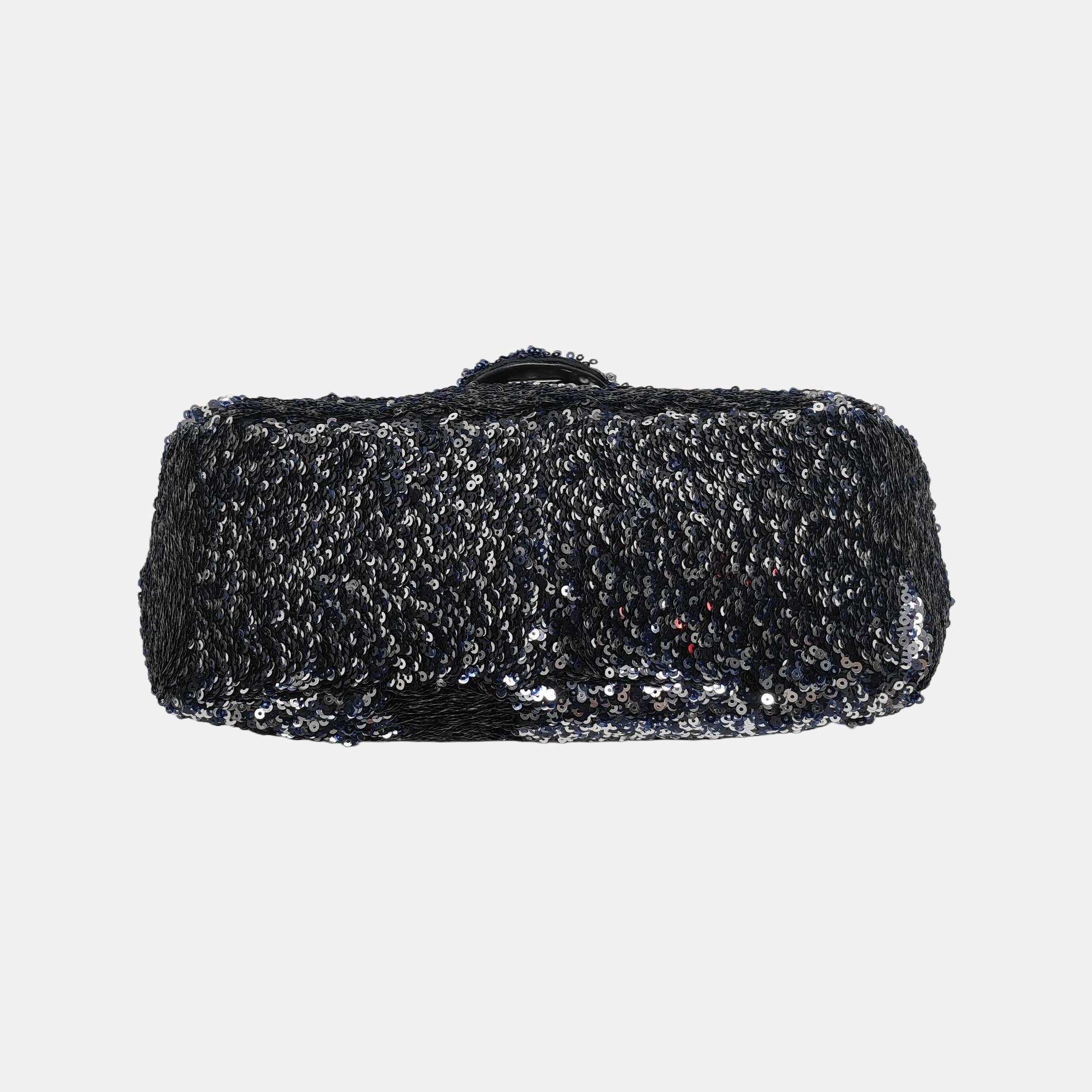 Women's Chanel Paillette Flap Bag Rectangular Mini Glitter Sequins Navy and Silver For Sale